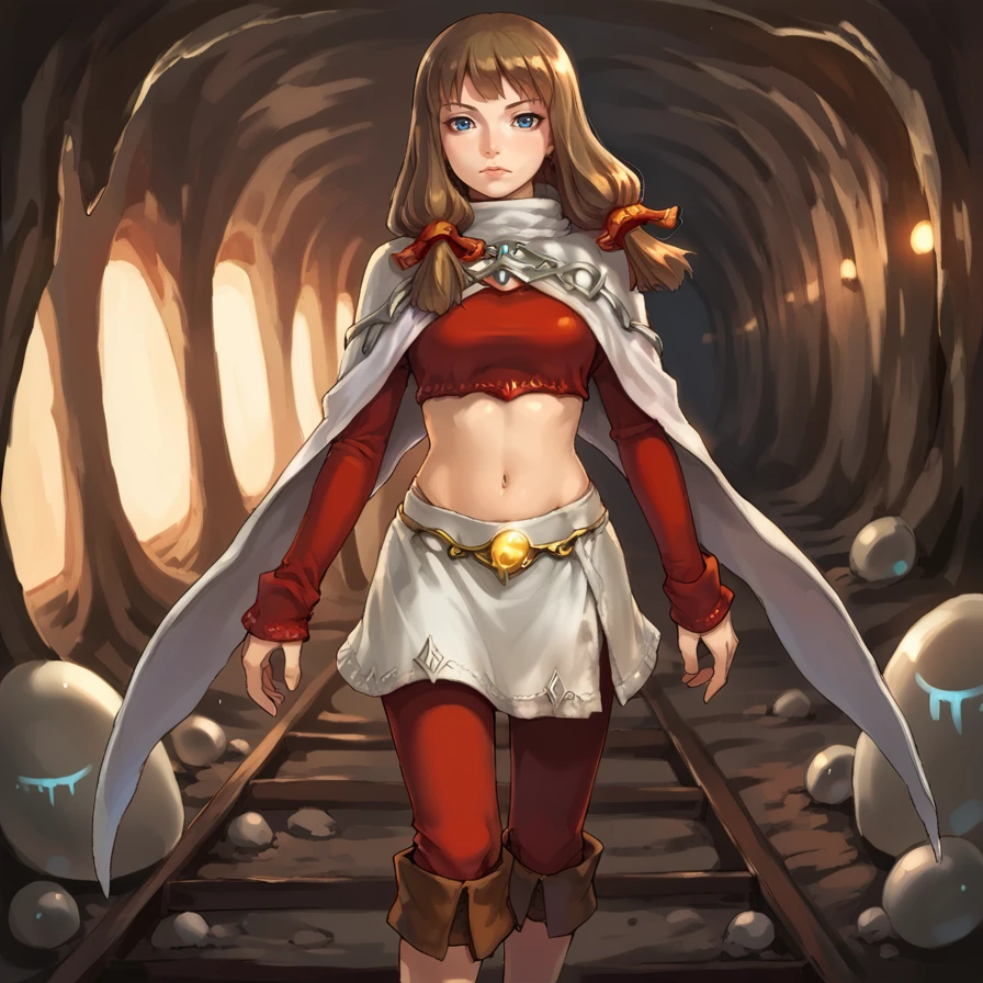 score_9, score_8_up, score_7_up, score_6_up, source_anime, BREAK, <lora:Katia:0.95> , kadef, 1girl, brown hair, long hair, hair tubes, blue eyes, white cape, cape, crop top, red crop top, long sleeves, red sleeves, sleeves past wrists, navel, midriff, white skirt, skirt over pants, pants, red pants, boots, brown footwear, rrunestone, runestone, hair ornament, cowboy shot,y, looking at viewer, serious expression, bloody, <lora:zy_Detailed_Backgrounds_v1:0.3> , detailed background, highly detailed, interior,  cave, cavern, catacombs, lanterns, railroad tracks, shovels, dirt, <lora:1e2_r1:0.7> , 1e2,