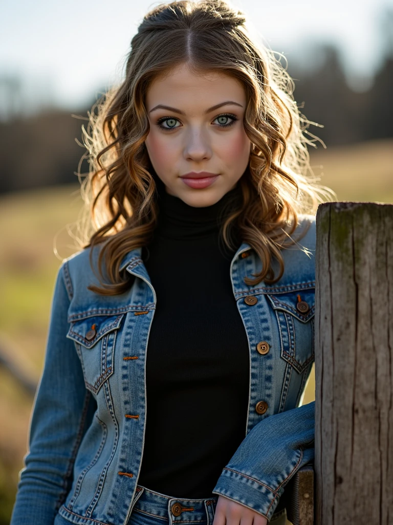 m7ch3113tr4cht3nb3r6, wavy light brown hair, blue eyes, denim jacket, black turtleneck sweater, jeans, lips, outdoors, on a ranch, leaning on a wooden post, morning, bright,