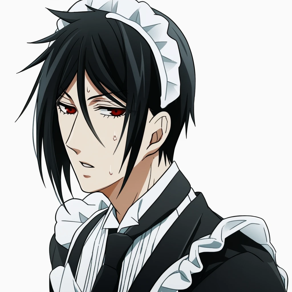 s3b4stianmich43lis, Sebastian Michaelis, Sebastian Michaelis \(Kuroshitsuji\), solo, looking at viewer, short hair, simple background, black hair, red eyes, long sleeves, 1boy, white background, dress, hair between eyes, male focus, sweat, frills, parted lips, necktie, alternate costume, apron, black dress, maid, maid headdress, white apron, maid apron, crossdressing, frilled apron, enmaided