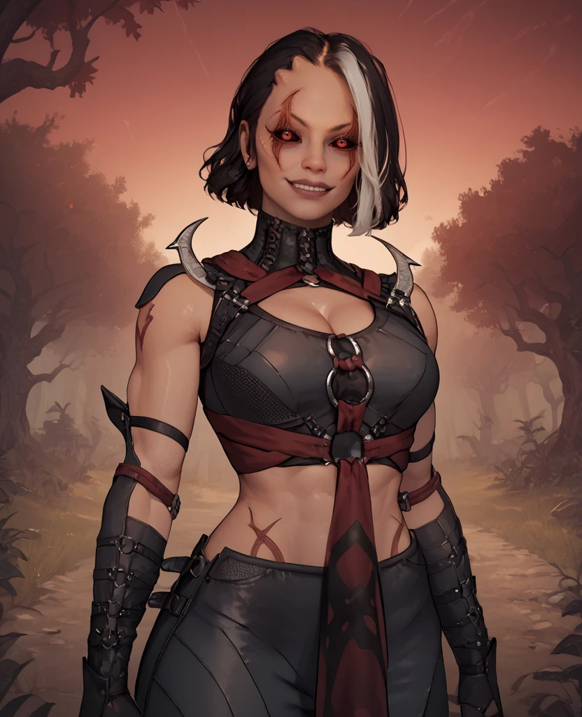 ferra,white hair, ponytail, red eyes, looking at viewer, evil grin,
Armor,spikes, guantlets, armored boots, metal headband, o-ring bikini, tattoos,
upper body, standing, navel,
Camp, quarry, night, mortal kombat,
(best quality, masterpiece, beautiful and aesthetic:1.2, highest detailed face, perfect face,)
<lora:ferra-10v7:0.8>