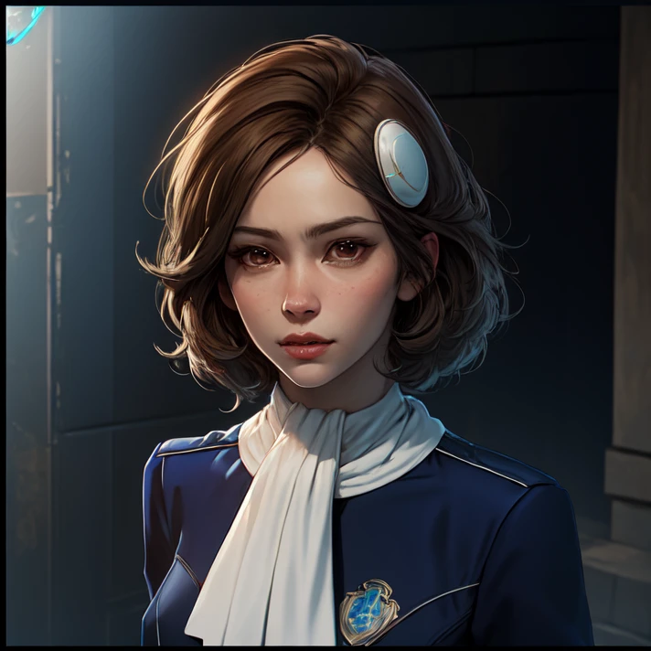 solo, portrait, <lora:yokoTachibana:0.8> yoko_tachibana, brown hair, short hair, hair ornament, brown eyes, scarf, ascot, white scarf, uniform, blue uniform, masterpiece, best quality, absurdres, highres, 4k, ray tracing, perfect face, perfect eyes, intricate details, highly detailed