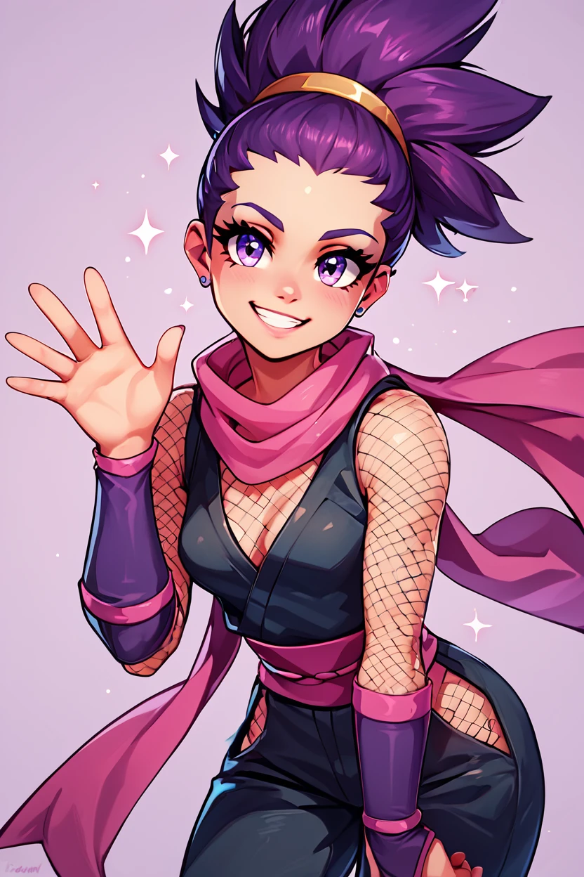 score_9, score_8_up, score_8, medium breasts, (curvy), cute, eyelashes,       BREAK, , zzJanine, solo, 1girl, pink scarf, pants, ninja, fishnets sleeves,  <lora:Janine_Pokemon_PDXL_Citron:0.8>, , BREAK, looking at viewer,  smile, waving, upper body, leaning forward, head tilt,  embedding:zPDXL, Expressiveh, <lora:CatalystStylePDXL:0.6>,  <lora:SDXLFaeTastic2400:0.5>,  <lora:Expressive_H-000001:0.4>,