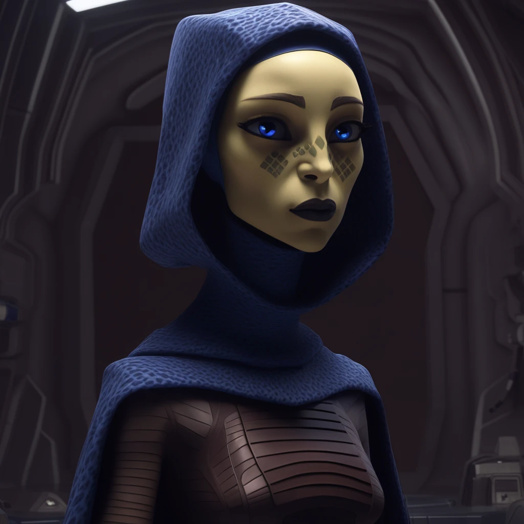 barris-offee, green skin, Mirialan, facial tattoo, star wars clone wars, 1girl, solo, black lips, blue eyes, short hair, science fiction, spacecraft interior, makeup, from side, lipstick, parted lips, portrait, looking up, lips, upper body, breasts, bodysuit, hood, cloak