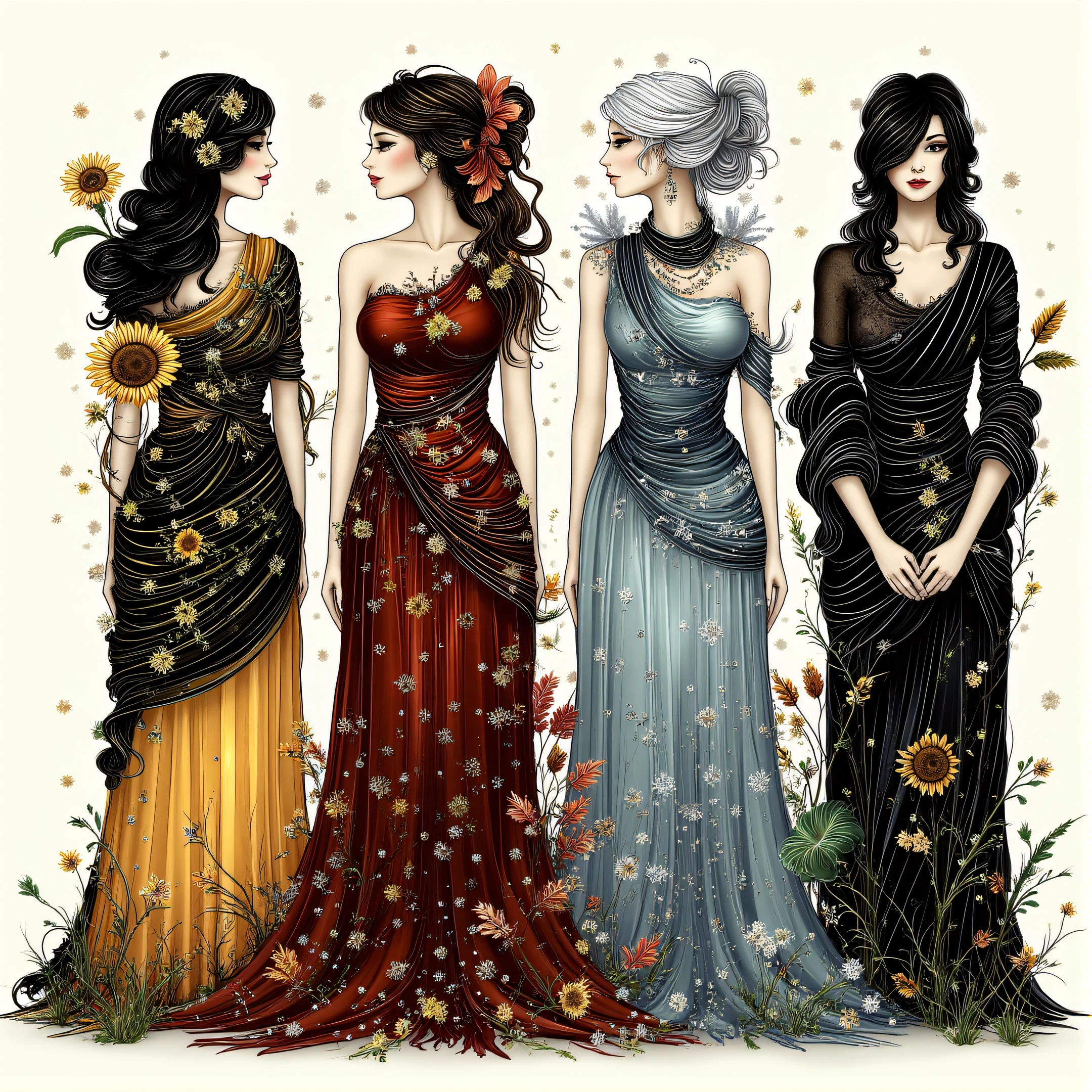 ArsWorldOfDarkness, four women representing the seasons, each dressed in richly detailed garments. They stand intertwined with the natural elements of their seasonsâspring blossoms, summer sunflowers, autumn leaves, and winter snowflakes.