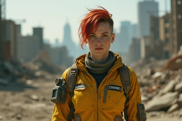 JudithHoagTMNTApril, a young JudithHoagTMNTApril woman with red hair, undercut hairstyle. In a post-apocalyptic wasteland, as a lone wanderer braving the ruins of a once-great city. Her faded and worn yellow "CHANNEL 6" jumpsuit is adorned with patchwork armor that is a mix of scavenged tech and improvised protection. The harsh sun casts long shadows across the desolate urban landscape. Post apocalypse New York city. Her appearance is dirty and worn down, common of one surviving in a post apocalypse environment. <lora:JudithHoag_TMNTApril_Flux:0.75>