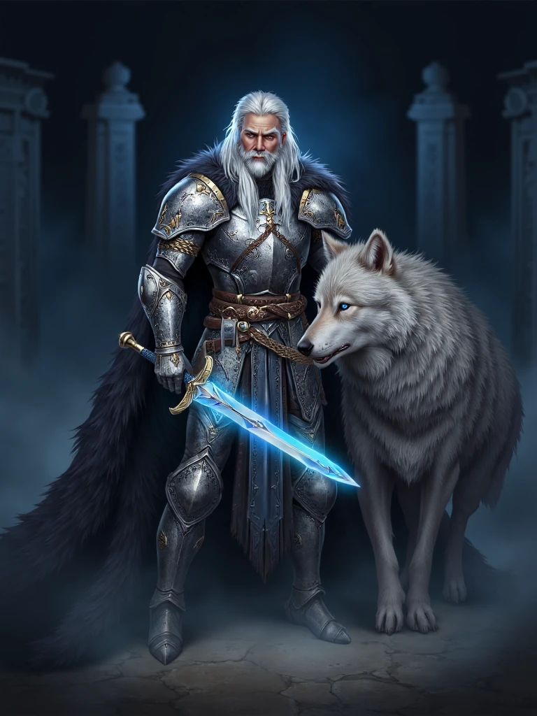 krrat style, digital illustration, A medieval knight in ornate silver and black armor, with glowing blue eyes, stands in a dark, foggy fantasy setting. His armor is intricately detailed, and he wields a sword with a glowing blue blade, emitting an ethereal light. A long, luxurious fur cape drapes over him, and his right hand rests on the head of a large gray wolf, both glowing faintly blue, hinting at a mystical bond. The background features shadowy pillars and mist, enhancing the otherworldly atmosphere <lora:sxz-Krrat-Flux:1>