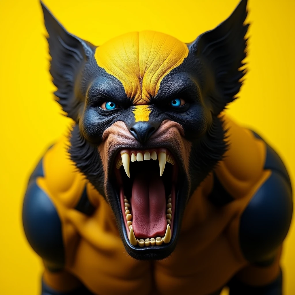 Hyperrealistic art of <lora:facial expression style v1:1>
angry facial expression of a close up of a angry wolverine with a yellow background, themed, sharp, detailed skin, epic cinematic photography, artistic, creative, wrinkly face, dramatic lighting style, cinematic color style, Kodak film style, skin pore, emotional style, gustier style, facial expression style, angry facial style, solo, open mouth, blue eyes, simple background, teeth, no humans, bird, yellow background, claws, monster, digimon (creature), beak, 1boy, male focus, weapon, sword, mask, fangs, sharp teeth, portrait
, Extremely high-resolution details, photographic, realism pushed to extreme, fine texture, incredibly lifelike