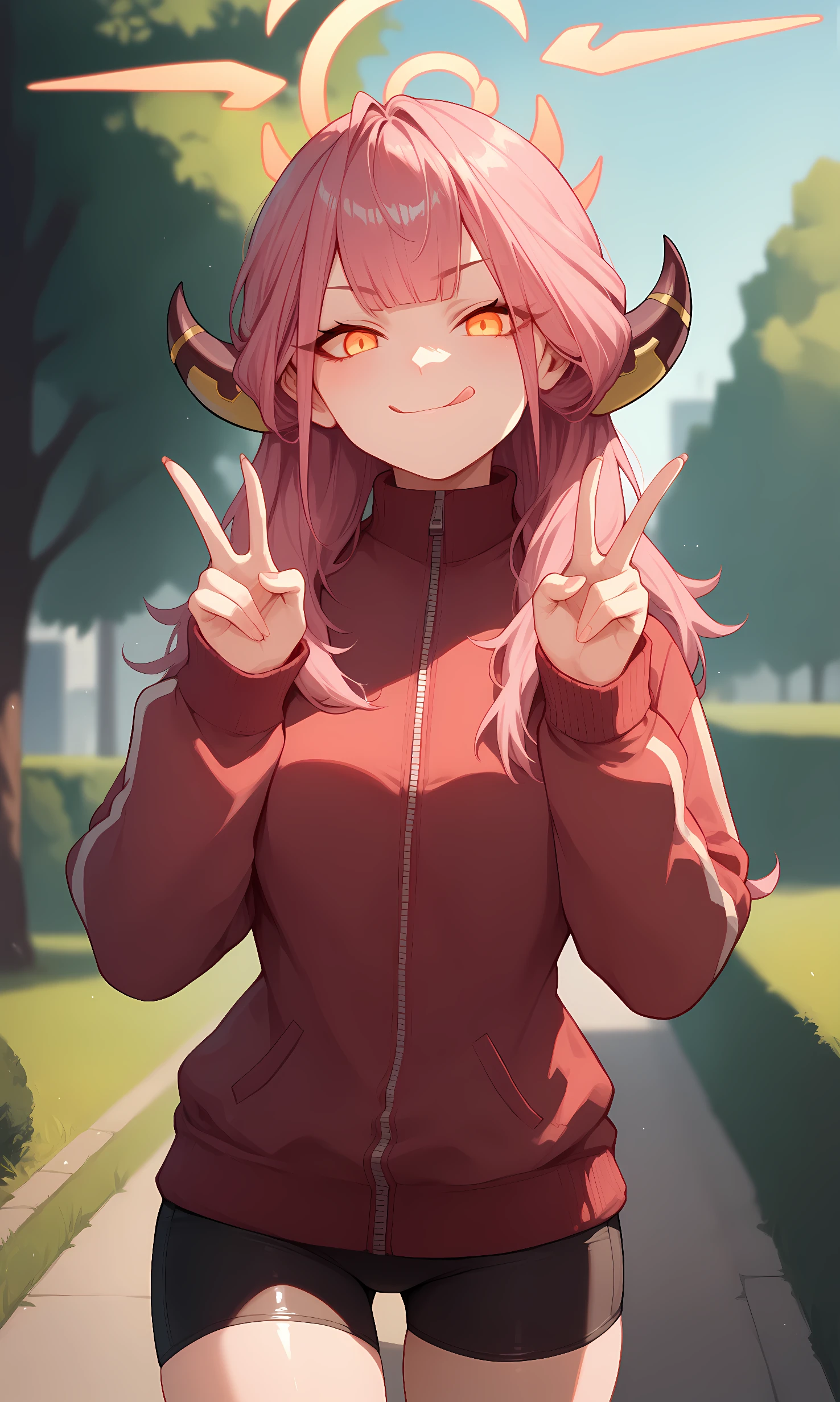 score_9, score_8_up, score_7_up, BREAK source_anime, 1girl, solo, outdoors, park, cowboy shot, looking at viewer, shiny skin, aru, orange eyes, pink hair, long hair, bangs, horns, halo, track jacket, long sleeves, bike shorts, licking lips, double v 