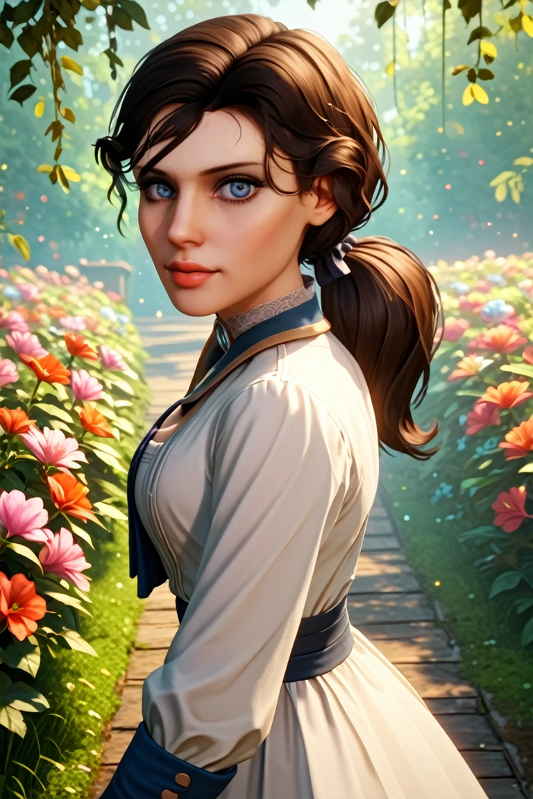 score_9, score_8_up, score_7_up, score_6_up, score_5_up, score_4_up
<lora:BioshockElizabeth:1.0>
BioshockElizabeth, 1girl, brown hair, ponytail, blue eyes, looking at viewer, standing in a sunlit garden, surrounded by blooming flowers, soft focus background with bokeh, gentle breeze rustling through leaves, romantic and dreamy ambiance