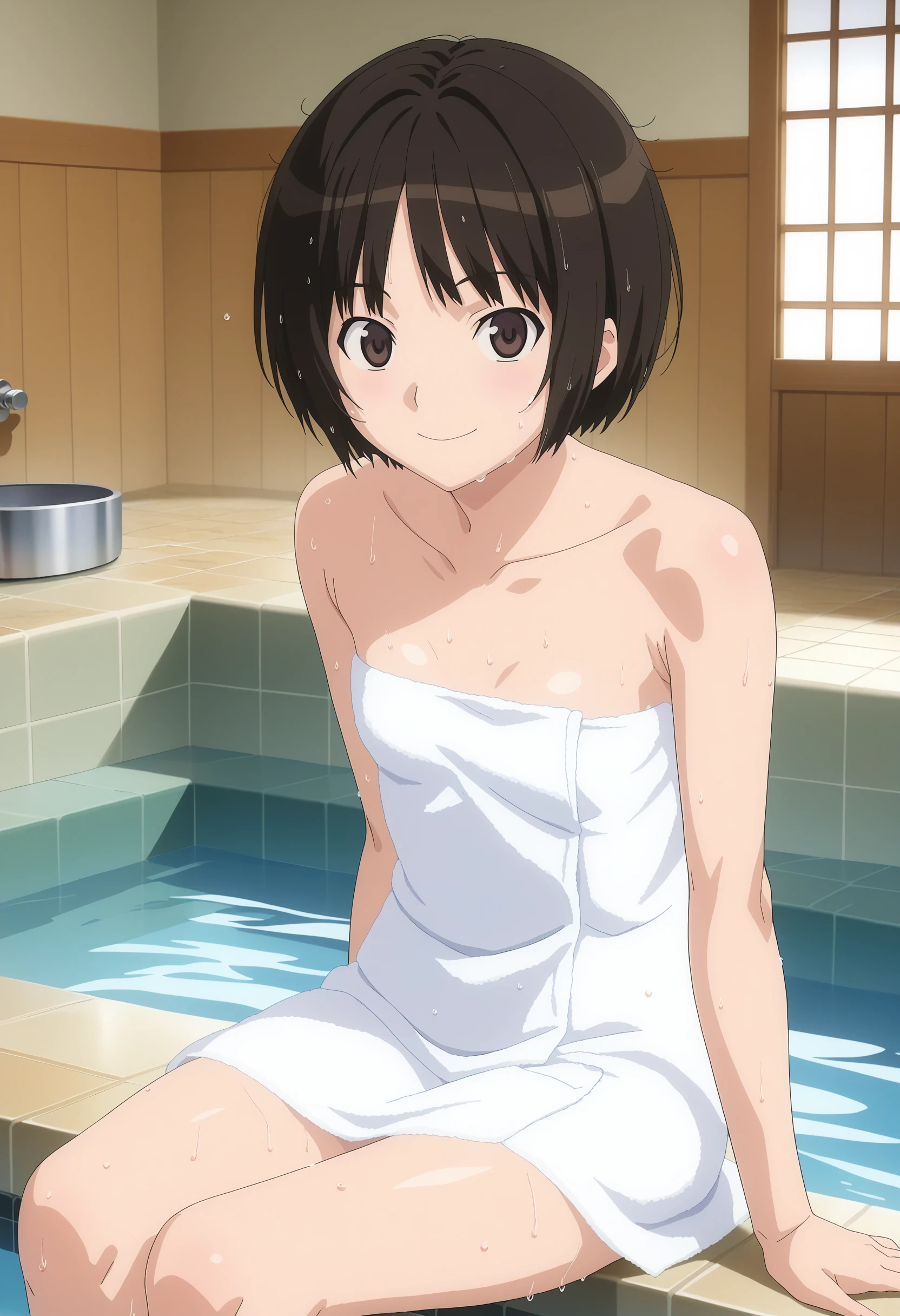 masterpiece, best quality,
1girl, solo, brown hair, short hair, two side up, brown eyes, flat chest, smile,
white towel on the body, 
looking at viewer,nude legs,side view girl,
onsen,