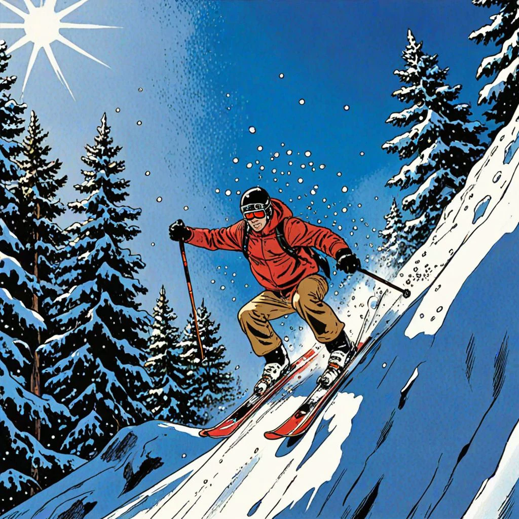 snow skier sliding, from below
<lora:RickXl_v1:0.75> rick_hocket, comic book style, outputric, rich vivid detailed background