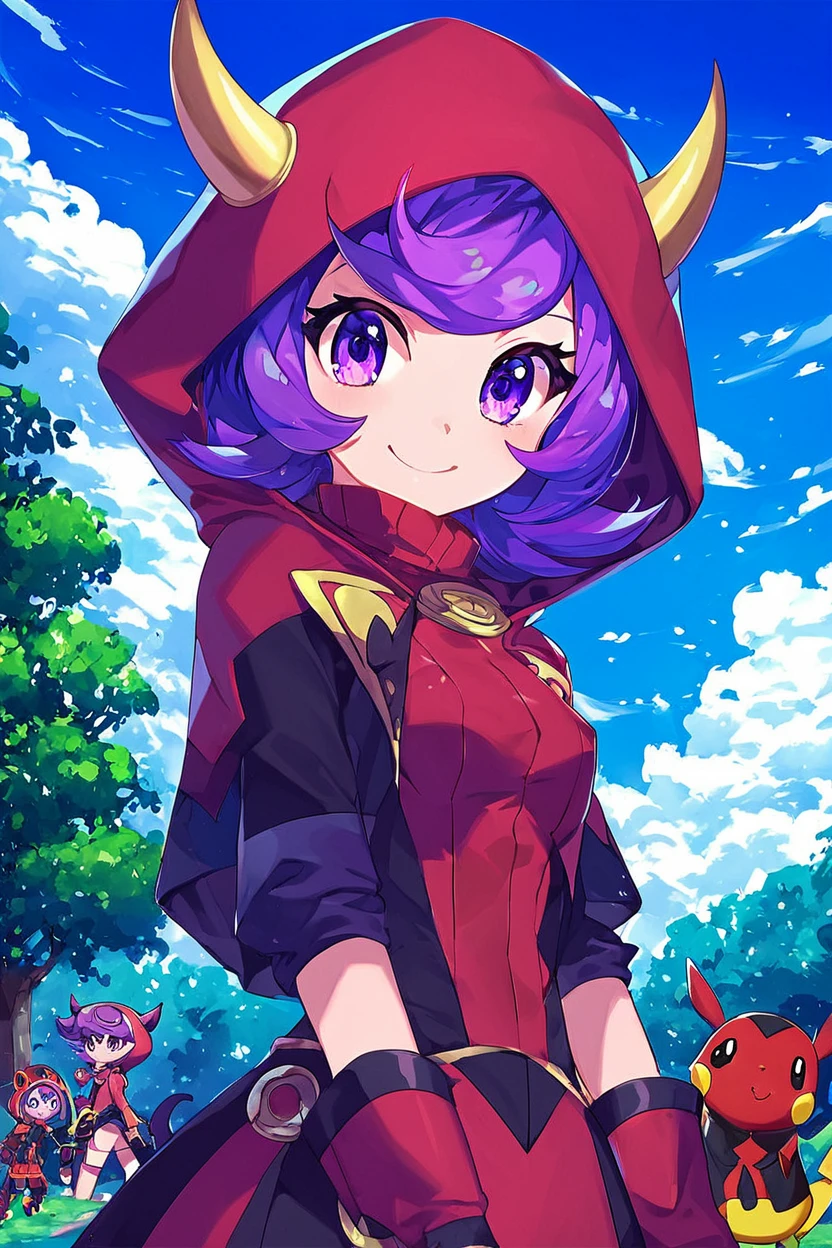 score_9, score_8_up, score_8, medium breasts, (curvy), cute, eyelashes,       BREAK, , zzCourtney, purple hair, short hair, purple eyes, red hood, fake horns, gloves, team magma uniform, <lora:Courtney_Pokemon_PDXL_Citron:1.0>, , BREAK, smile, looking at viewer, cowboy shot, outdoors, sky, day, cloud, tree, blue sky, sunny,  Expressiveh, <lora:Alola_Style_PDXL:0.8>,  <lora:Expressive_H-000001:0.4>,