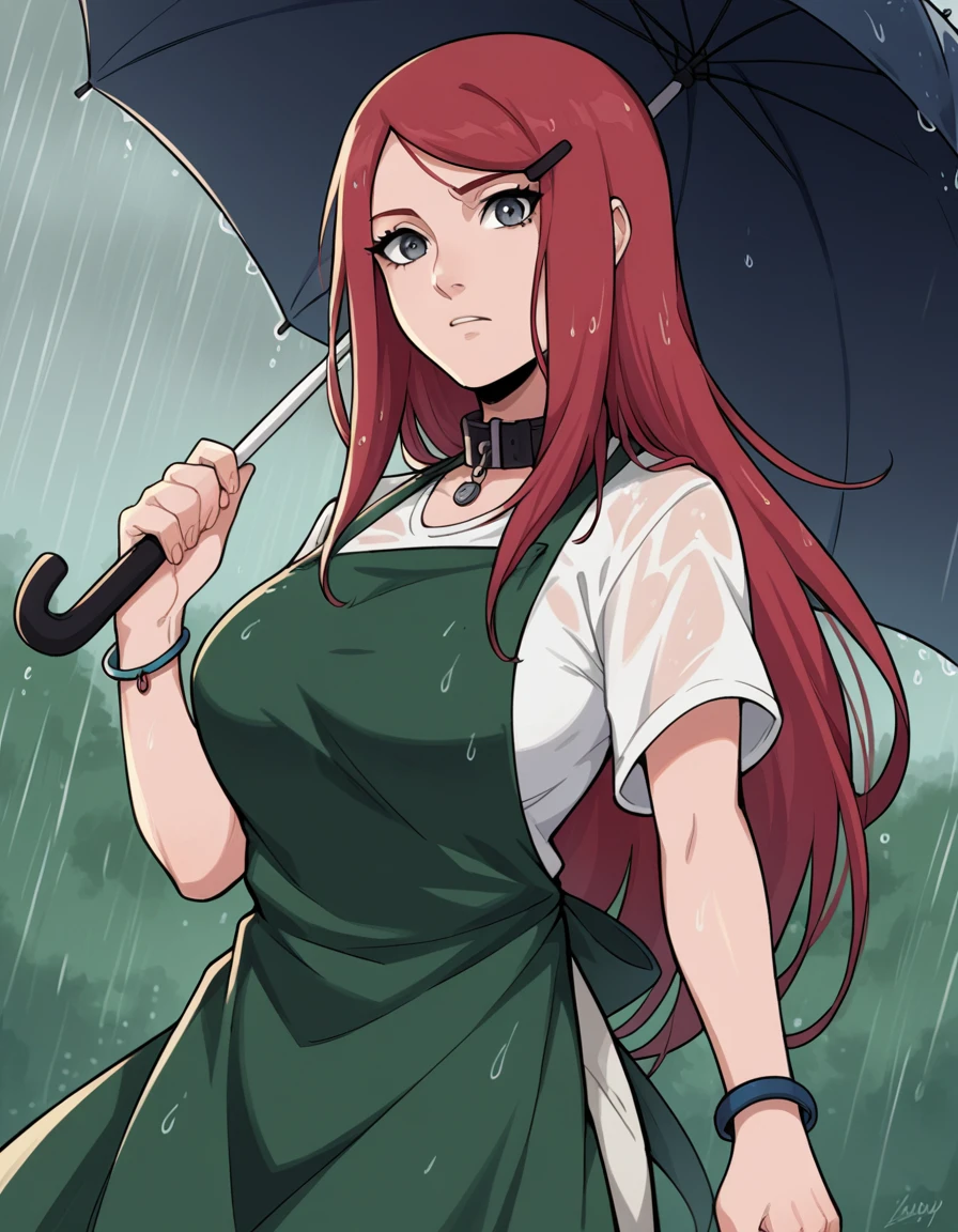 score_9, score_8_up, score_7_up, source_anime, <lora:kushina-uzumaki-shippuden-anime-ponyxl-lora-nochekaiser_r1:1>, kushina, long hair, hair ornament, red hair, hairclip, grey eyes, swept bangs, large breasts,, shirt, dress, jewelry, white shirt, short sleeves, apron, bracelet, green apron, collar,, rainy day, umbrella, walking home, puddles, wet hair, , looking at viewer, arm in a sling, solo,, cowboy shot, dutch angle