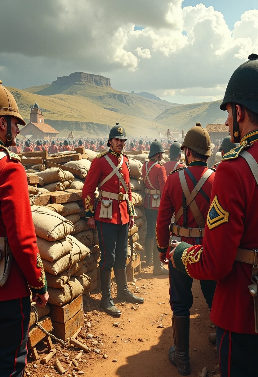 In a photorealistic image, envision Welsh Guards soldiers in their striking red coats, standing behind rough barricades made of mealie bags and wooden crates, defending the Rorke’s Drift mission station. The details are lifelike—the texture of the soldiers’ uniforms, the dust kicked up by their boots, and the sweat on their brows as they prepare for the impending Zulu attack. The sunlight casts harsh shadows, while the distant figures of Zulu warriors advancing across the open field give the scene an overwhelming sense of tension and urgency.