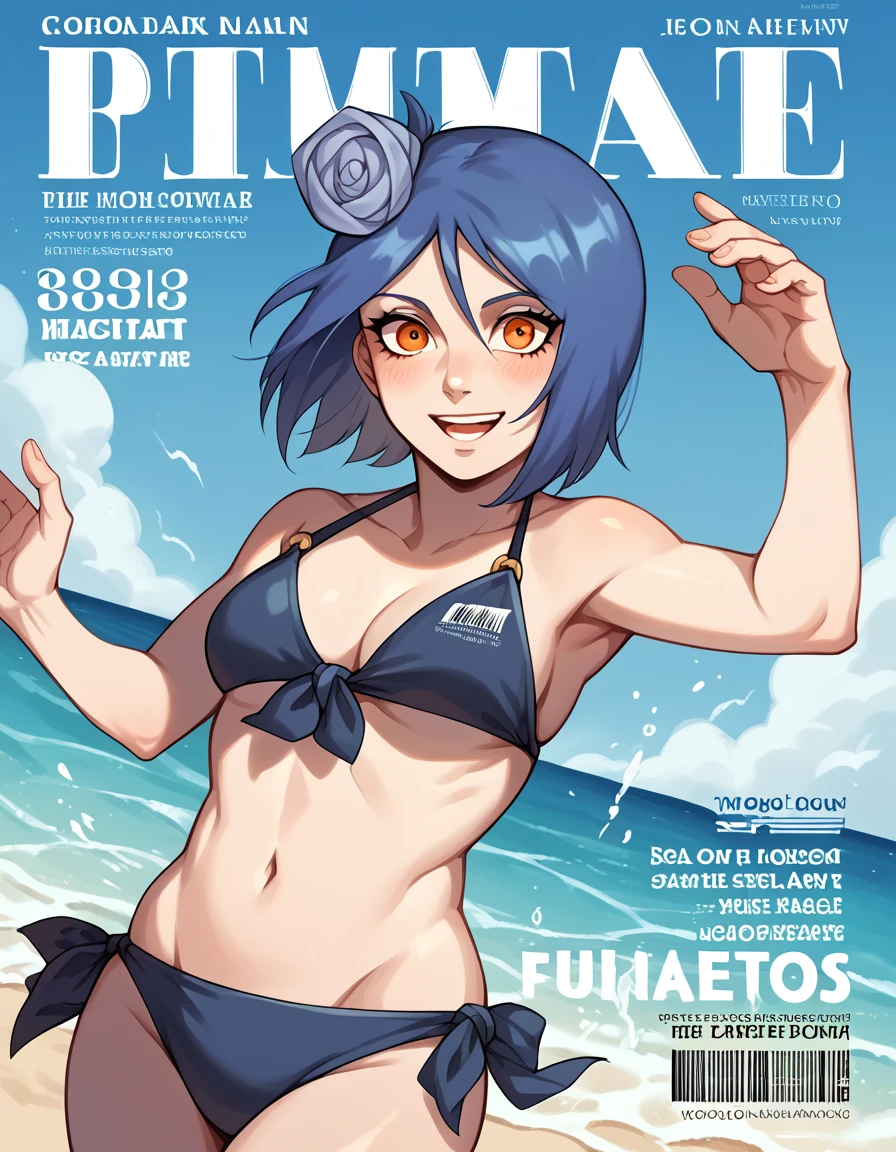 score_9, score_8_up, score_7_up, source_anime, <lora:konan-shippuden-anime-ponyxl-lora-nochekaiser:1>, konan, short hair, hair ornament, blue hair, flower, hair flower, orange eyes,, <lora:magazine-cover-ponyxl-lora-nochekaiser:1>, magazine cover, fake magazine cover, cover, fake cover, price, cover page, text focus, barcode, content rating, dated,, beach, swimsuit, open mouth, splashing, smile, blush, bikini, navel, , cowboy shot, dutch angle