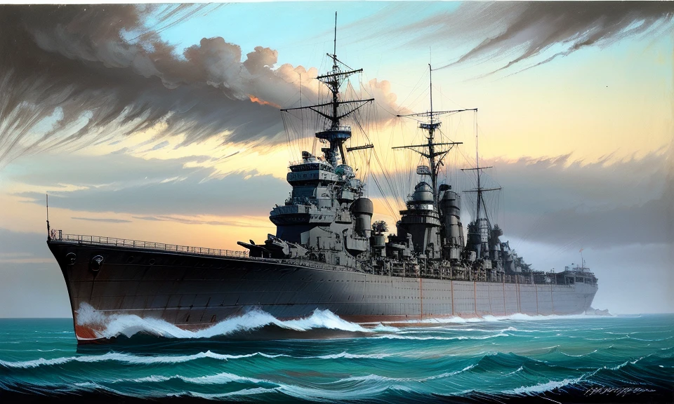 (turret:1.2),battleship, ocean watercraft, world war ii, photorealistic, no humans, ship, warship, military vehicle, military, ocean, battleship,solo vehicle focus, smokestack, <lora:waterlineship_boxart_V04:1> <lora:Modelaging_last:1.2>, oil painting, textured, layered, rich, classic, depth,timeless, soft, pastel colors, delicate, impressionistic, dreamy, feminine, airy, light, divine glowing, very detailed, cinematic, color, saturated, dramatic, background, illuminated, extremely beautiful, striking, romantic, pure, complex, glorious