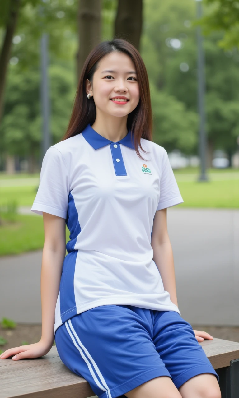 a 20-year-old lady wearing white shirt. she sits on a bench at a park