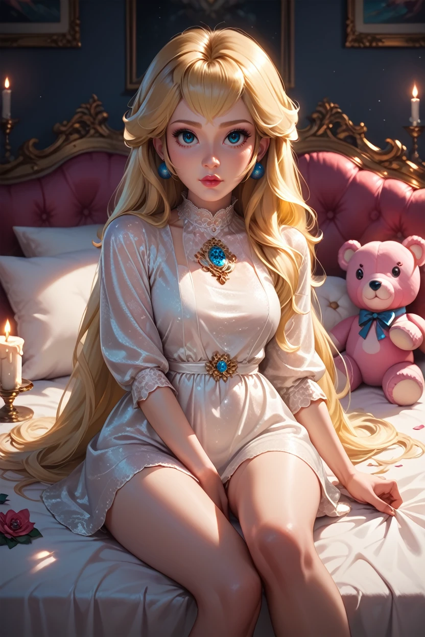 score_9, score_8_up, score_7_up, score_6_up
<lora:MPPeach:1.0>
MPPeach, 1girl, blonde hair, long hair, blue eyes, looking at viewer, reclining on a plush bed, satin sheets, dimly lit room with candles, soft shadows on the walls, intimate and luxurious setting