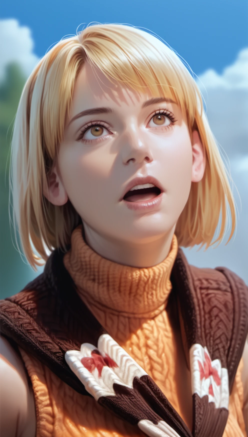 score_9,score_8_up,score_7_up,
<lora:ashleygraham:0.9>,
ashleygraham,
photorealism,
1girl,solo,blonde hair,bob cut,bangs,
golden eyes,looking up,open mouth,
orange turtleneck,sleeveless,brown sweater over shoulder,
portrait,facing aside,
outdoors,blue sky,cloud,elegant mansion with a beautiful garden and courtyard,vignetting,blurry background,