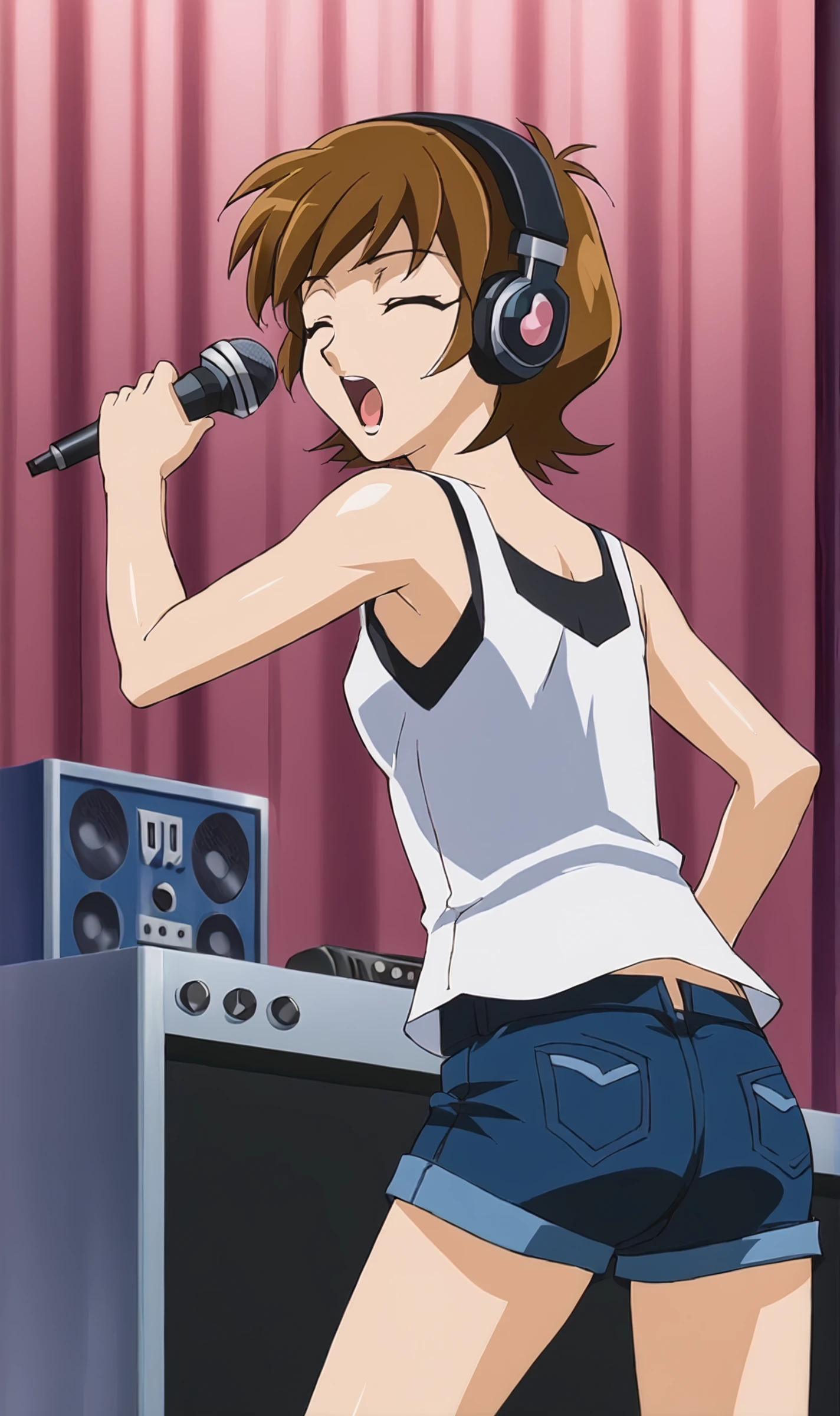 SZ, 1girl, solo, brown hair, short hair, closed eyes, tank top, denim shorts, from behind, headphones, open wide mouth, singing, giant microphone, sound booth, <lora:Skye Zaizen Pony XL:0.8>