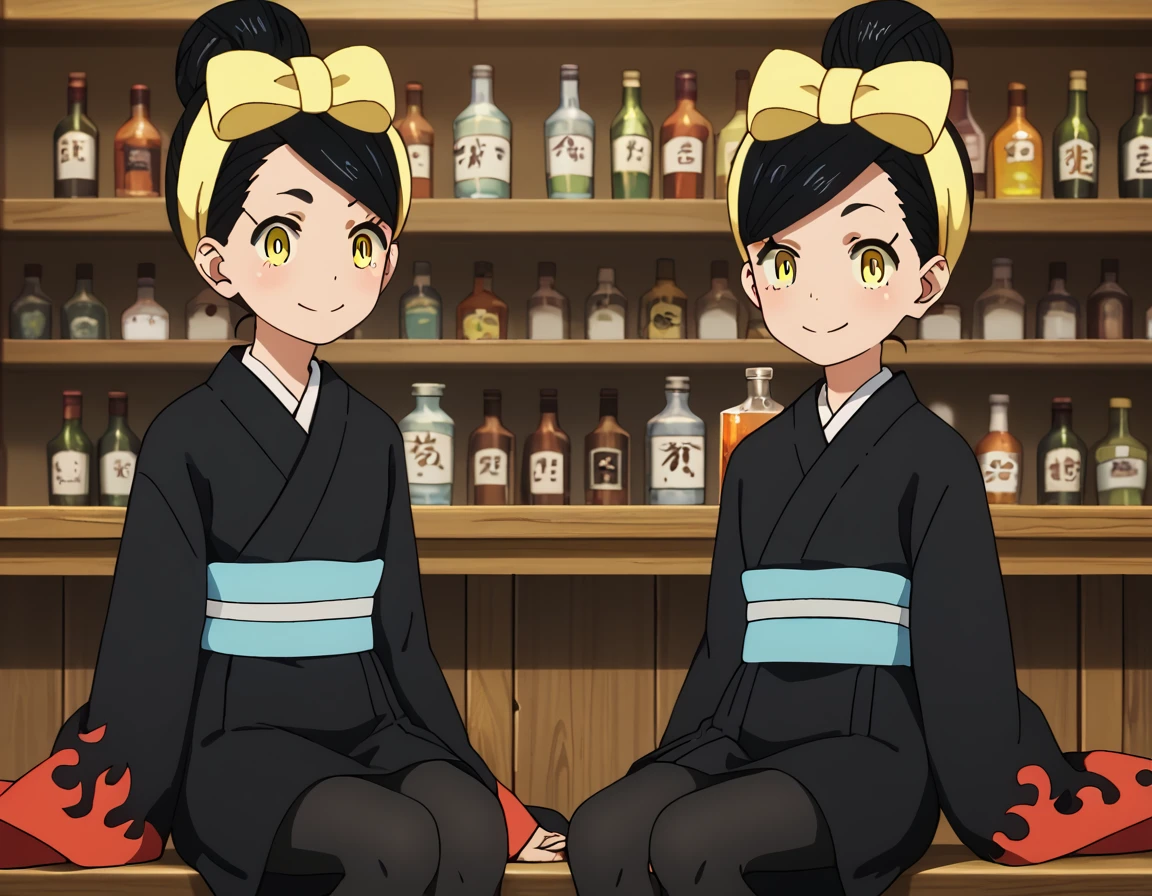 score_9, score_8_up, score_7_up, score_6_up, score_5_up, score_4_up, source_anime   <lora:FireForce:1>, sitting, bar, drinking, soft smile,  HinataHikage, 2girls, twins, black hair, yellow eyes, hair bow, japanese clothes, kimono, hair bun, black pantyhose, sash, obi, single hair bun, yellow bow, black kimono,