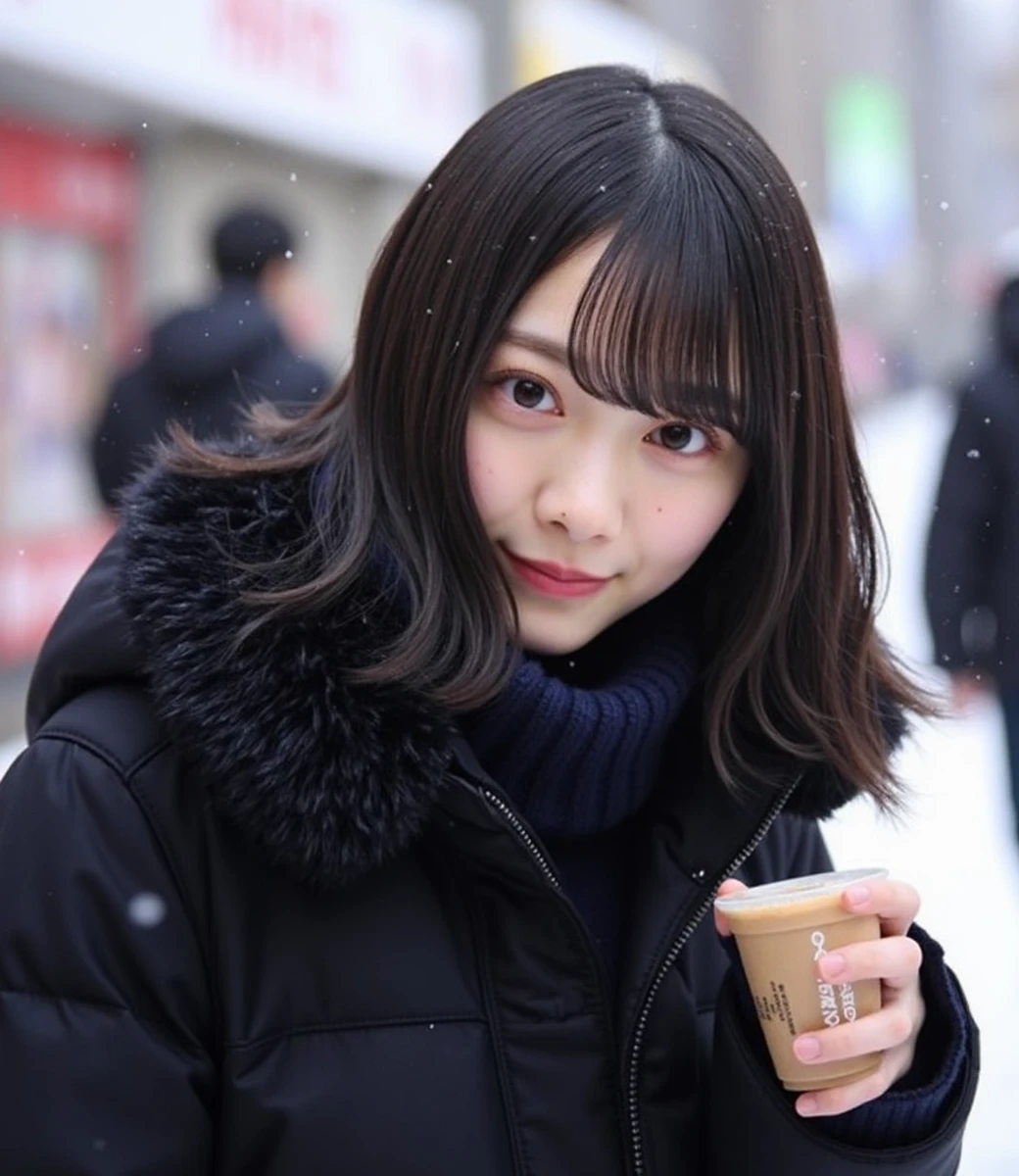 Mhikaru, A girl, Wearing a black jacket, Mullet Hair, bangs. In winter, it snows on the streets of Tokyo, Japan. She took a selfie with her iPhone in her left hand and a hot drink in her right hand, smiling as she gazed at the camera