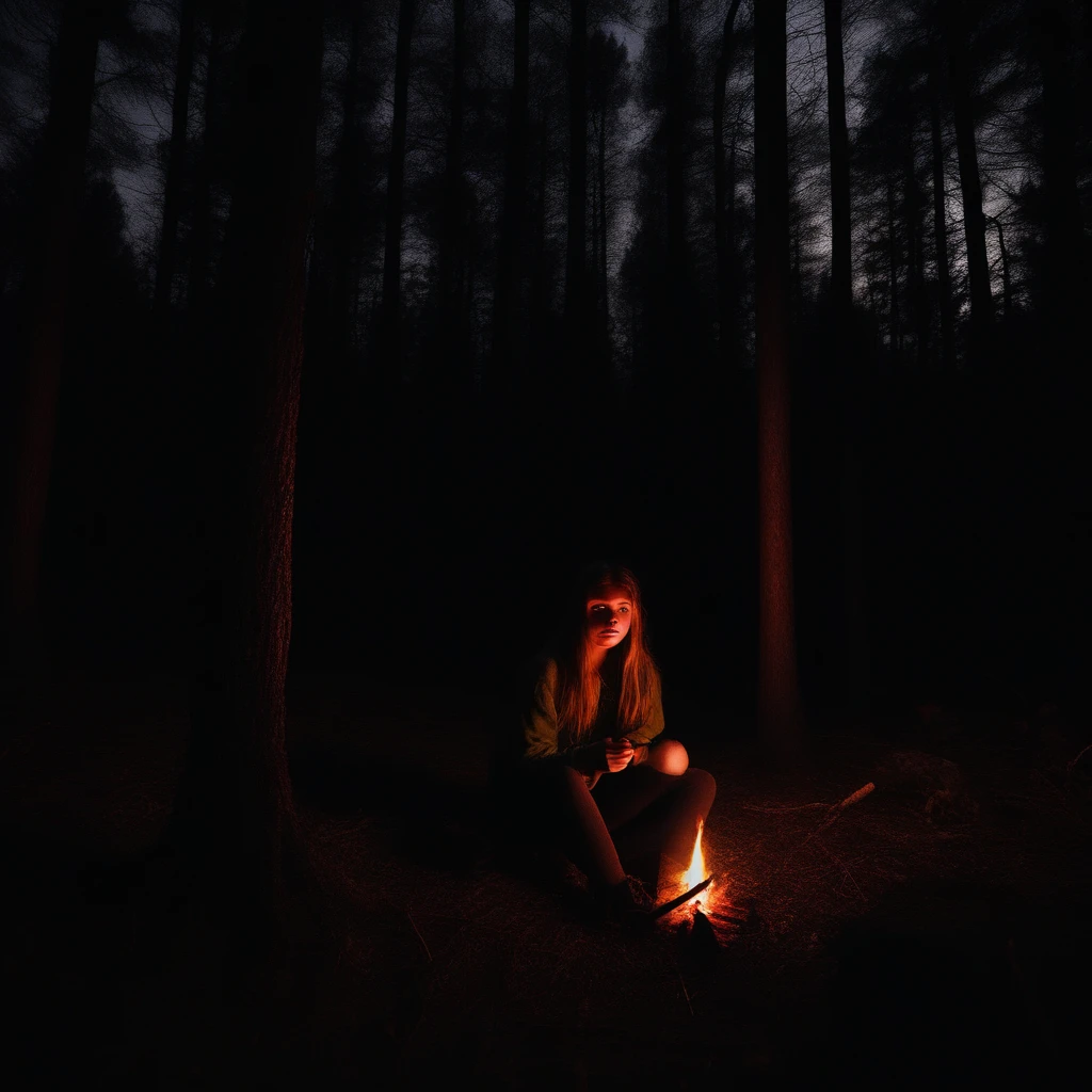 an 18 year old girl in a forest of the darkest night with a small camp fire as light, dark