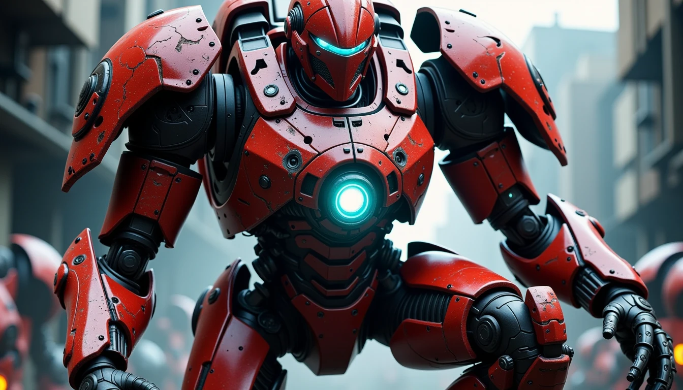 scifi robot,This bulky, red-and-black robot stands in a defensive position, its thick armor panels scratched and dented from countless battles. From a low-angle shot, its towering figure looms over the camera, casting a menacing shadow, while its chest plate glows with the blue hue of an energy core, highly detailed, eerie, gritty, cinematic backlight, depth of field