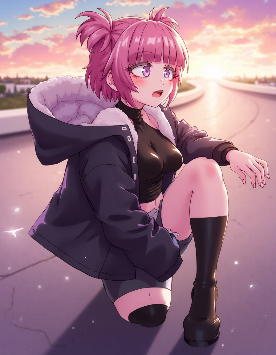 1girl,<lora:FLUX_NAZUNA:1>,PINK PINK HAIR,hair rings,black jacket,black footwear,fang,nurse,turtleneck,crop top,sunset,rainbow,