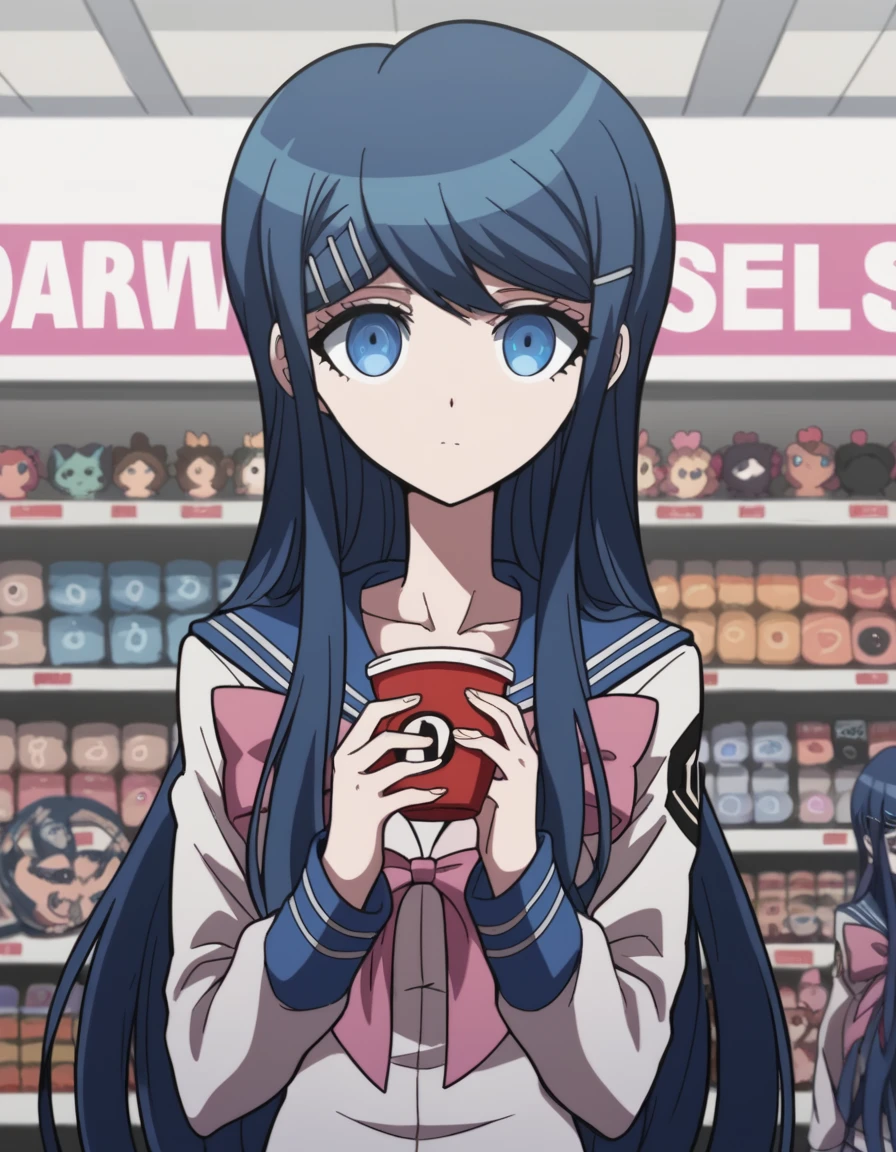 score_9, score_8_up, score_7_up, source_anime, <lora:sayaka-maizono-s1-ponyxl-lora-nochekaiser:1>, sayaka maizono, long hair, bangs, blue eyes, hair ornament, blue hair, hairclip,, long sleeves, bow, school uniform, collarbone, serafuku, bowtie, sailor collar, pink bow,, music store, browsing records, headphones, vinyl collection, nostalgic, , looking at viewer, hand holding a cup, solo,, cowboy shot, dutch angle