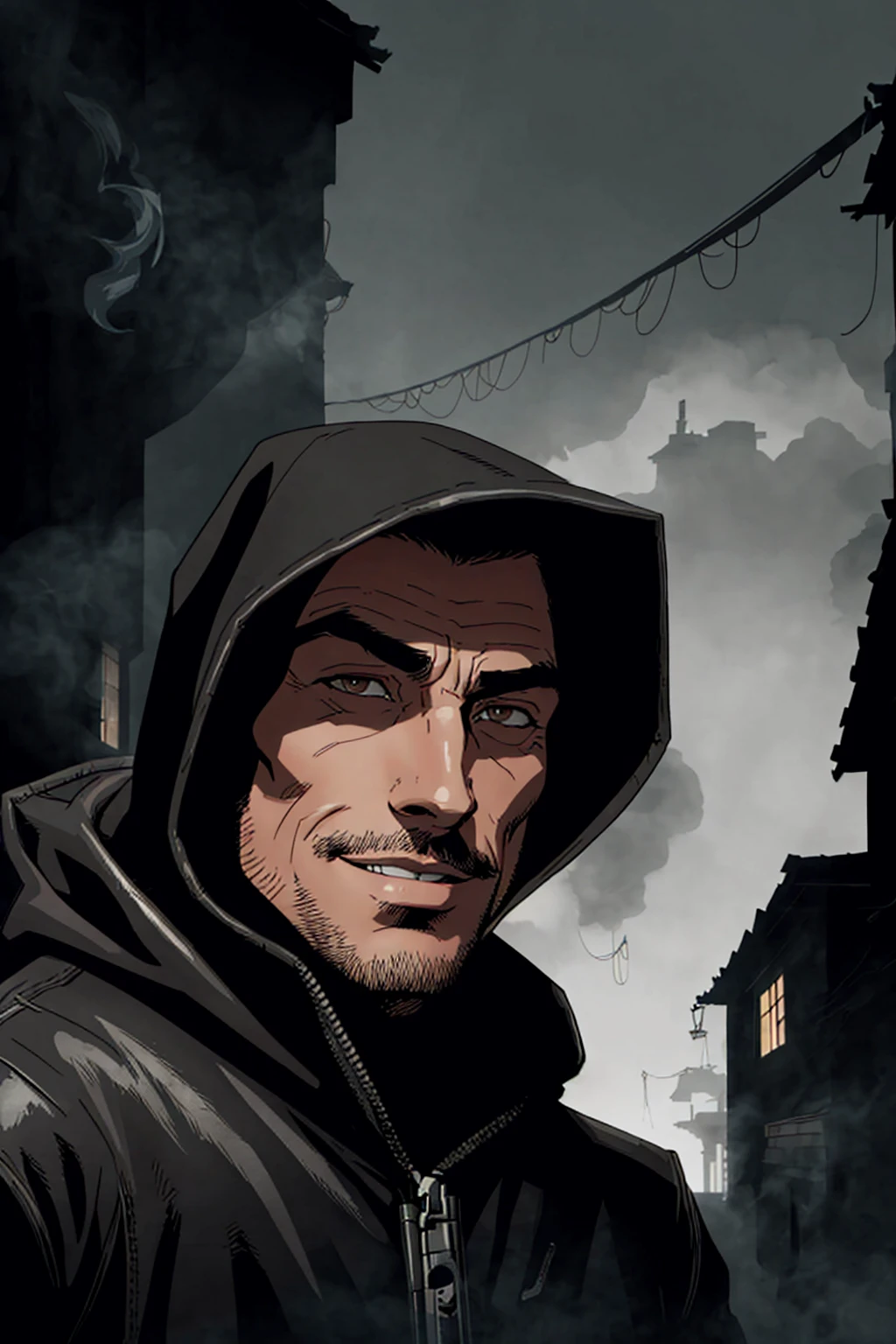 portrait, looking down, solo,  half shot, detailed background, detailed face, (<lora:smoke_model:0.4>, smokestyle theme:1.1), sly smile, gangster,  fingerless gloves, dynamic pose, rugged dark leather (armor:0.7), belts, lockpick, hooded,  knives, dark alleyway background, illegal, , silent, , hidden agenda, stolen goods in background fog, dark atmosphere, , cartoonish style, flat color style, ((ultra detailed, glossy, smooth))