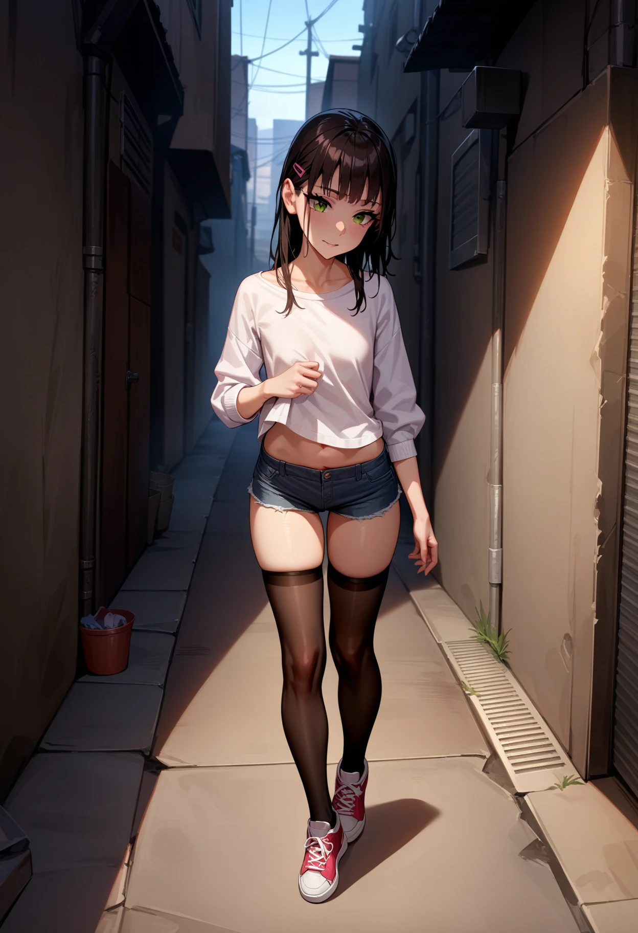 masterpiece,best quality,very aesthetic,absurdres,
1girl,solo,
<lora:Shoujo_v1:1>,shoujo01,long -sleeved shirt,shorts,hairclip,black_thighhighs,sneakers,<lora:Fixhands_anime_bdsqlsz_V1:1>,
full body,
back alley,, masterpiece,best quality, very aesthetic, absurdres, ultra detailed, high resolution, 4k, extremely detailed CG,