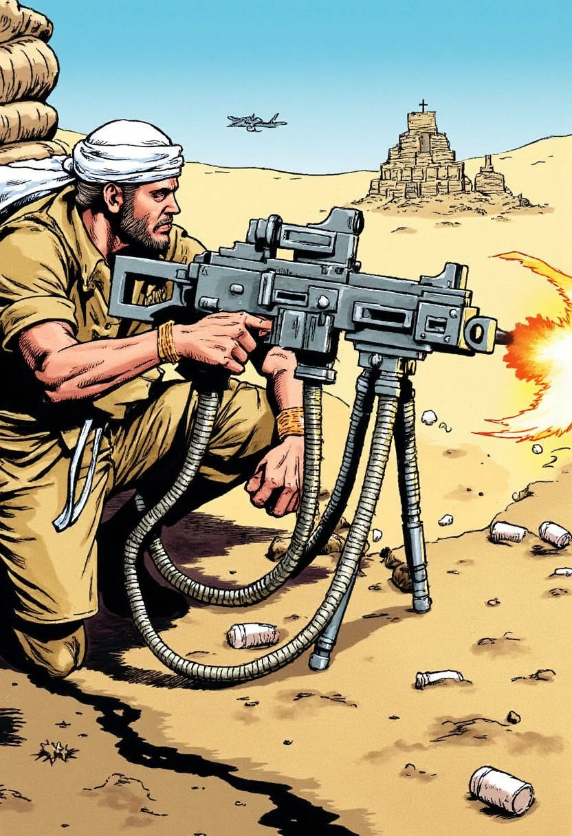 In a graphic novel style comic, visualize a Long Range Desert Group soldier in his khaki desert uniform, crouching low behind a ridge of sandbags. His white keffiyeh draped over his head provides minimal protection against the sweltering desert heat, and his sleeves are rolled up, exposing muscular, sunburned arms. A heavy bolter is mounted on a tripod before him, its bulky frame contrasting with the simplicity of his gear. The soldier’s eyes are locked on a distant enemy stronghold as he braces himself against the powerful recoil. The heavy bolter unleashes a barrage of massive shells, the muzzle flash illuminating the sweat on his face as sand and dust are kicked up with each thunderous shot. The scene is one of raw, chaotic power, with the soldier grimly holding his position as the heavy bolter rains destruction on the enemy.