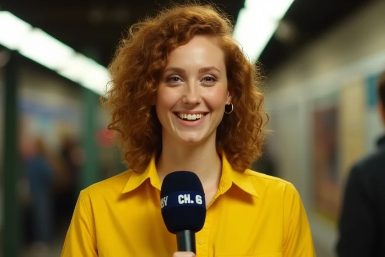 JudithHoagTMNTApril, a young JudithHoagTMNTApril woman with curly red hair, wearing a yellow jumpsuit, smiling, happy facial expression, in a subway station holding a tv reporter "CH. 6" microphone, looking at the viewer as if speaking into the camera and giving a news report, as a news reporter on scene, front view, <lora:JudithHoag_TMNTApril_Flux:1>