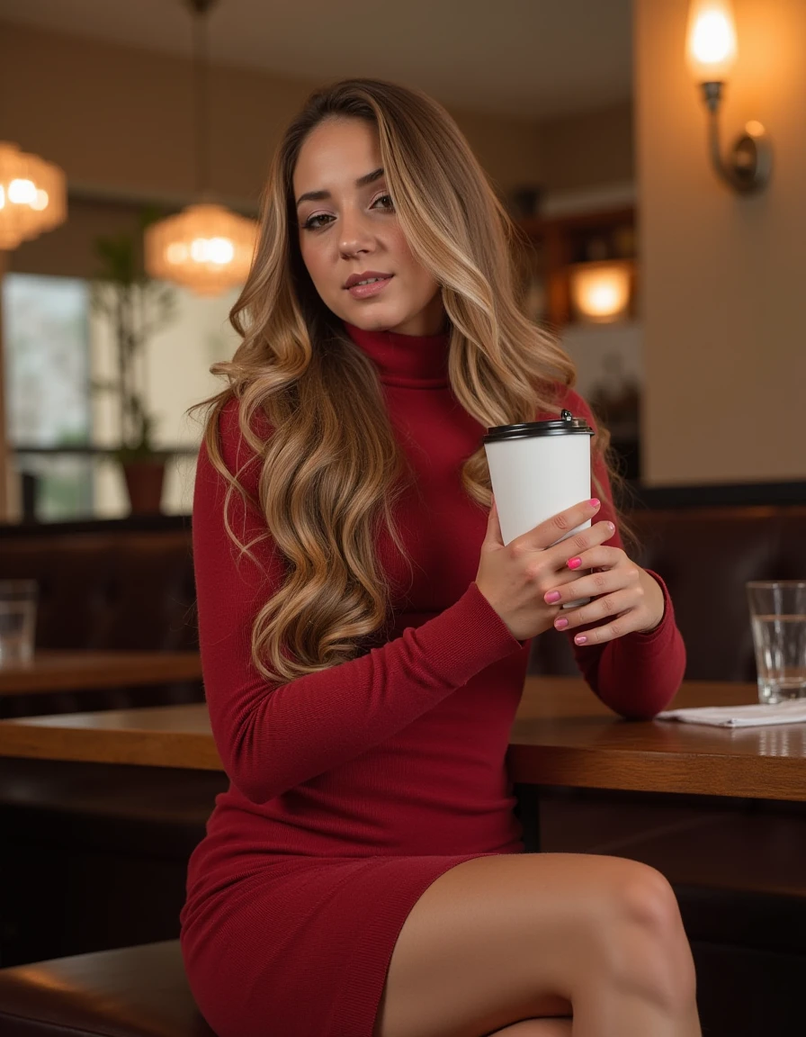 <lora:Remy_Lacroix_Flux:1> realistic photo of remylacroix wearing a turtleneck sweater dress in a cafe having a coffee