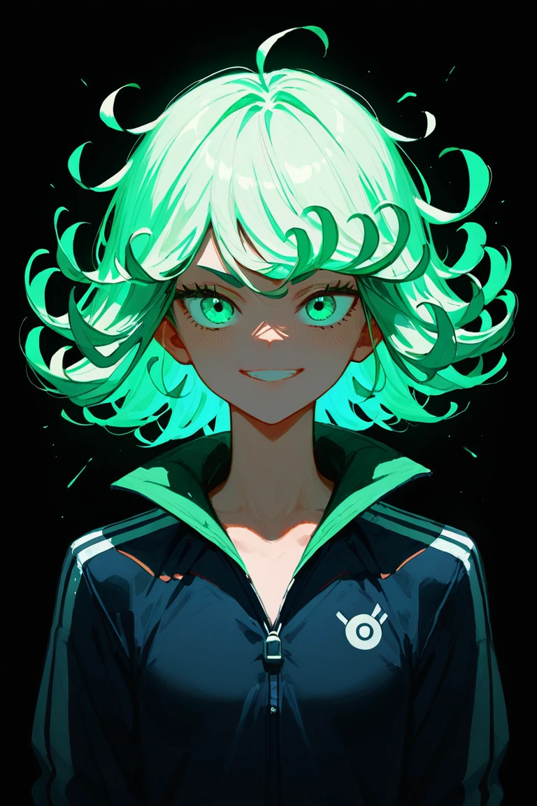 score_9_up, score_8_up, score_7_up, extreme closeup portrait of tatsumaki wearing a 1980s style tracksuit in front of a black background with 1980s neon lines, highly detailed, evocative, high contrast, subsurface scattering, translucent, glowing hair, sss, smile, looking at viewer