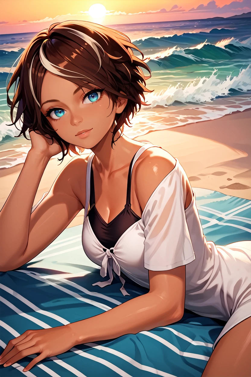 score_9, score_8_up, score_7_up, score_6_up
<lora:RMNilin:1.0>
RMNilin, 1girl, brown hair, white streaks, short hair, dark skin, blue eyes, looking at viewer, Laying on a beach towel, looking at viewer, ocean waves in the background, golden sunset lighting, relaxed and carefree atmosphere