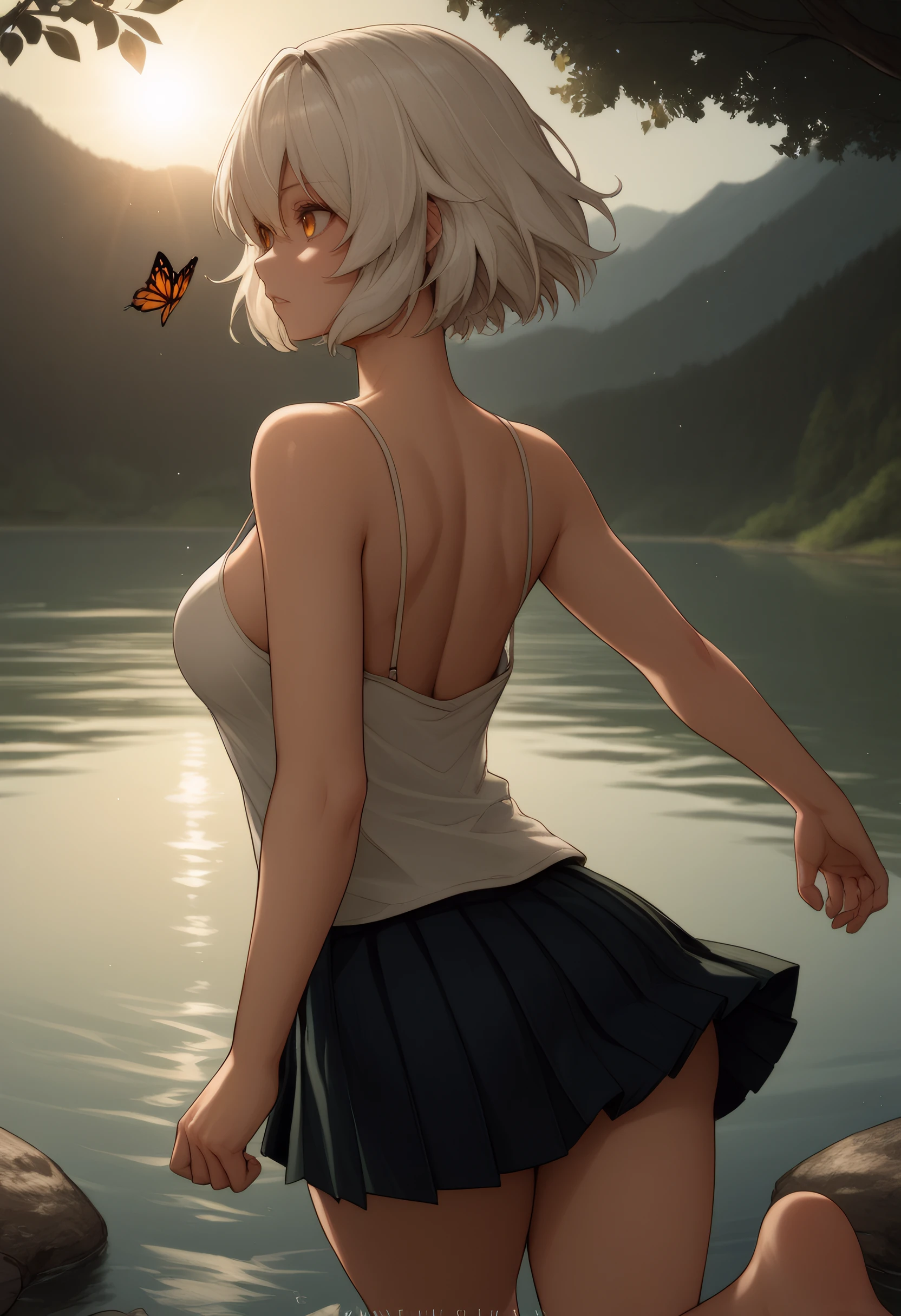 score_9, score_8_up, score_7_up, source_anime BREAK 1girl, looking to the side, from behind, back, ass,
amber eyes, white hair, Layered haircut, Camisole, Pleated skirt, __chara_expression__, Busty body, Running pose, medium breasts,
lake, butterfly lighting, lens flare,