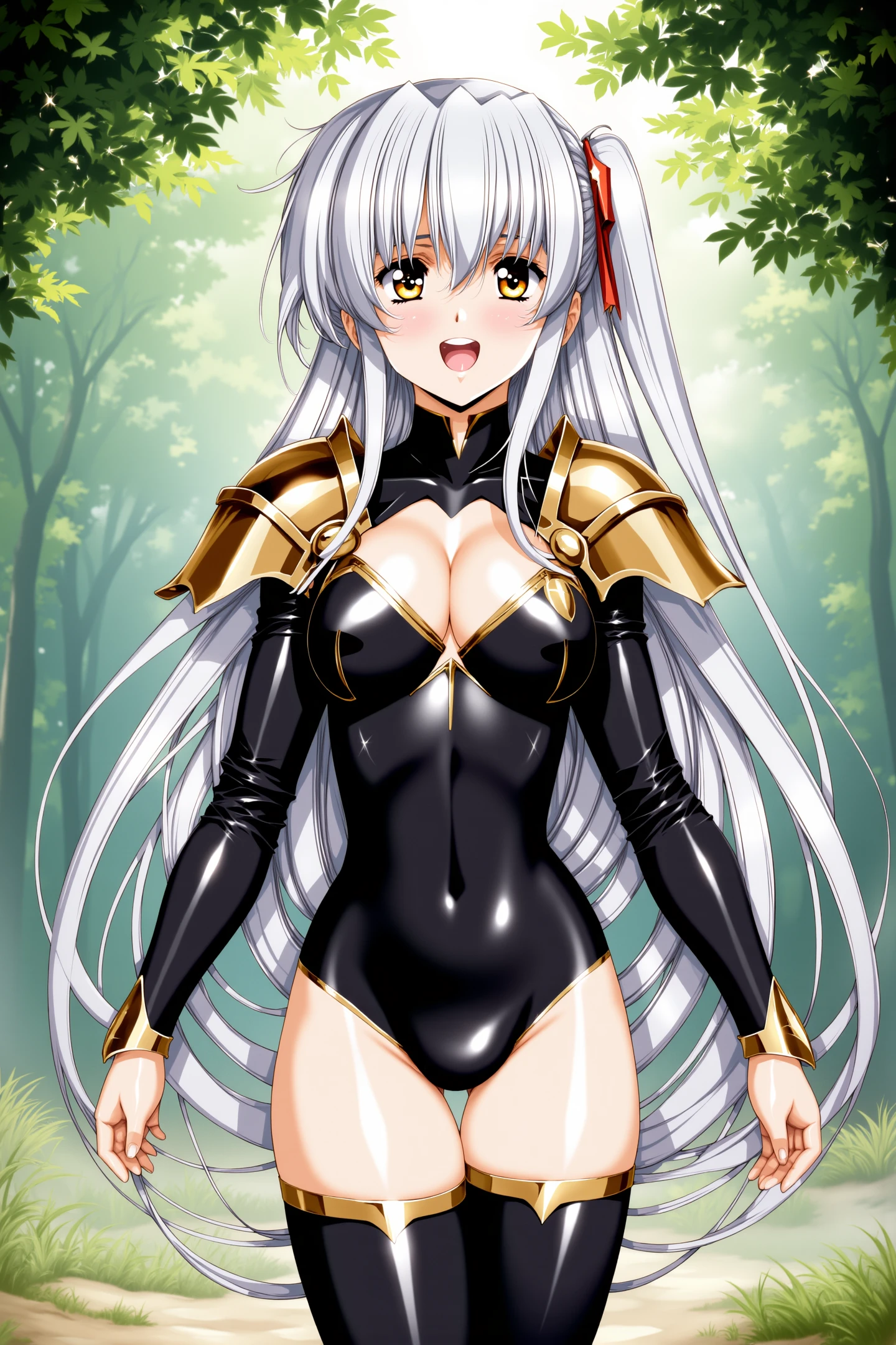 1girl,long hair,solo,thighhighs,cleavage,smile,leotard,very long hair,white hair,open mouth,covered navel,highleg,floating hair,:d,outdoors,highleg leotard,long sleeves,yellow eyes,shoulder armor,groin,black thighhighs,black leotard,standing,armor,forest,pauldrons,day,nature,looking at viewer,shiny clothes,thigh gap,shiny skin,straight hair,
<lora:Urushihara Satoshi_FLUX:1>,