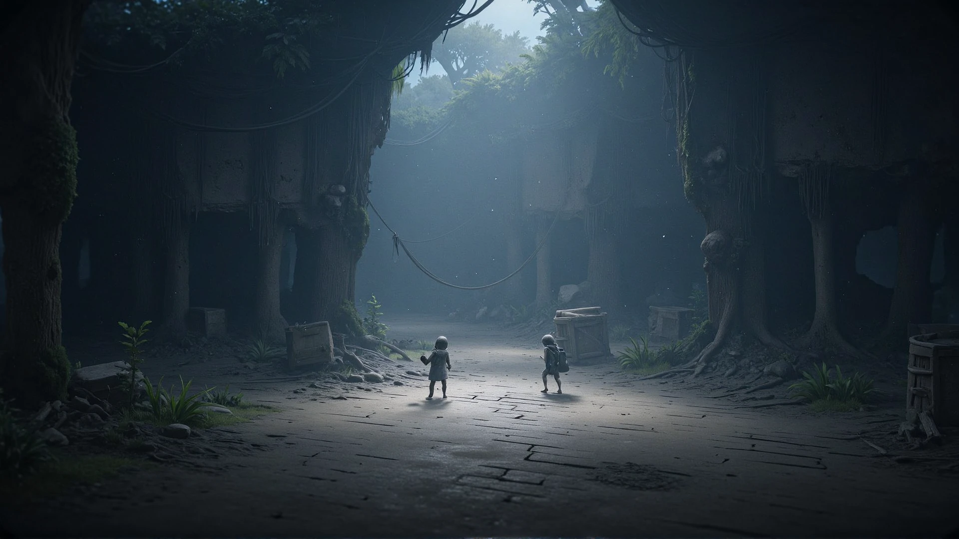 <lora:REANIMALStyle:1>ReAnimalStyle, A far shot, video game perspective view, dark atmospheric,  lighting next generation video game, scary, beautiful lighting.
Two kids exploring a twisted horror desolate jungle crossroads. Isolation atmosphere.