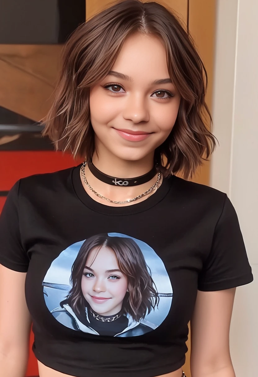 (Masterpiece,Best Quality:1.4),8k,(Movie-like footage,move photo:1.2),Hi-Res,Glossy Skin,Super Detailed Skin, noise, 1girl, solo, breasts,, looking at viewer, smile, medium hair, brown hair,  jewelry, brown eyes, Wearing a graphic t-shirt with a leather jacket, and a choker necklace, kooo123,  koooemmamyers <lora:Emma_Myers_v1_XL:0.9>