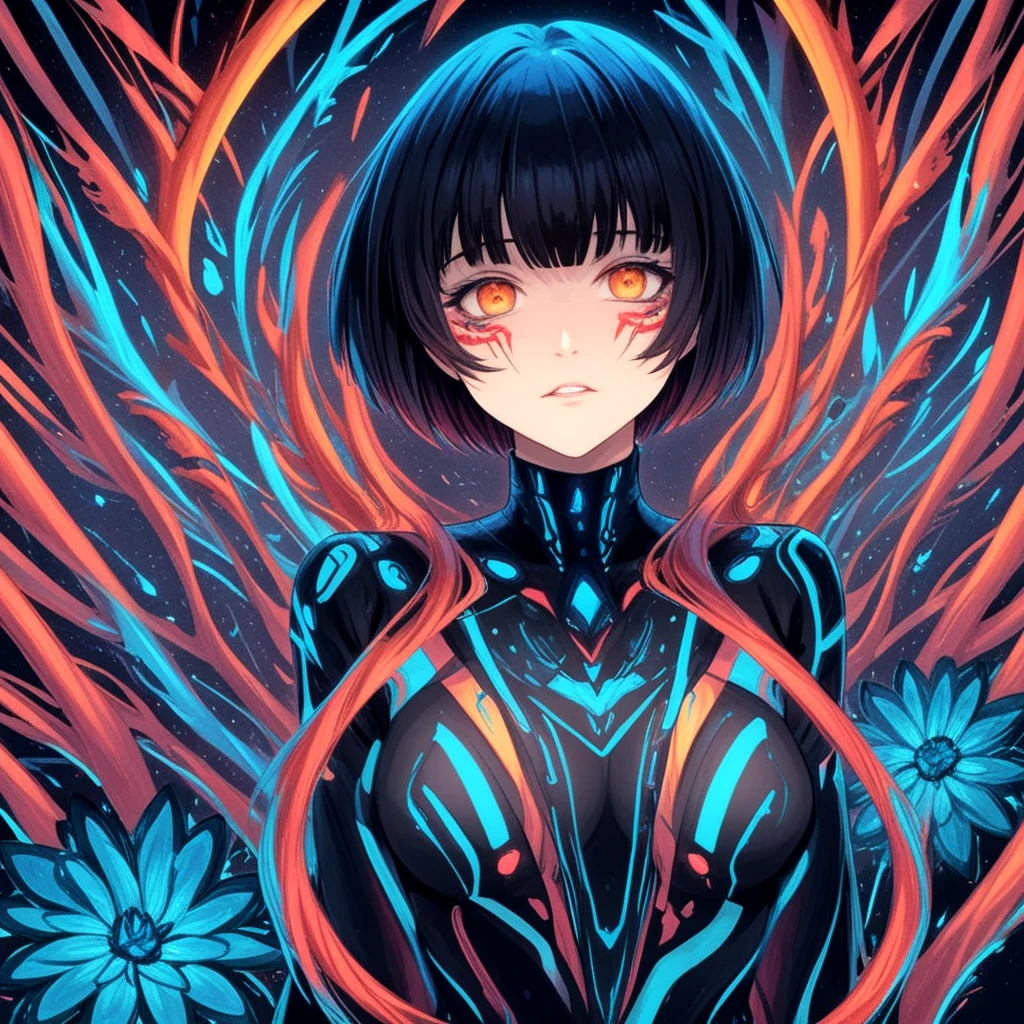 (2d anime style, thin lines, flat colors:1.4), (1girl, 21yo:1.26), asymmetrical and off-center. Intricate colorful neon rainbow neon fluorescent colors and vanta black. Orange, yellow, green, pink, red, blue, purple. Black light poster. masterpiece, centered, a drawing of a girl with flowers in her hair, an anime drawing, gothic art, neon blacklight color scheme, multicolored art, shiny colors, beautiful female android, blue image, living flora, colorful, anime style, (style of luis royo:1.5), (dark fractal style:0.4), ultra black