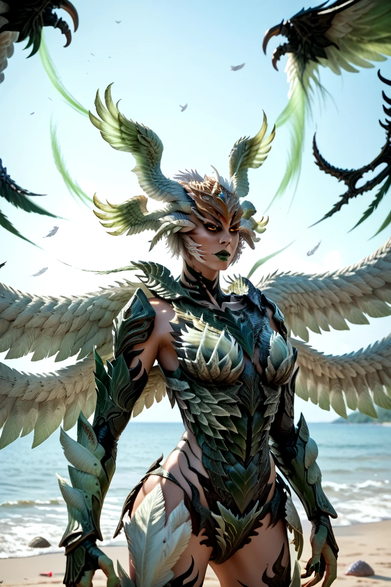 score_9, score_8_up, score_7_up,, Garuda, head wings, monster girl, female, green lips, black feathers,large wings, fingernails, multiple wings, feathered wings, black body, yellow eyes, claws, feathers, armor, outdoors, day, beach, standing, upper body, portrait