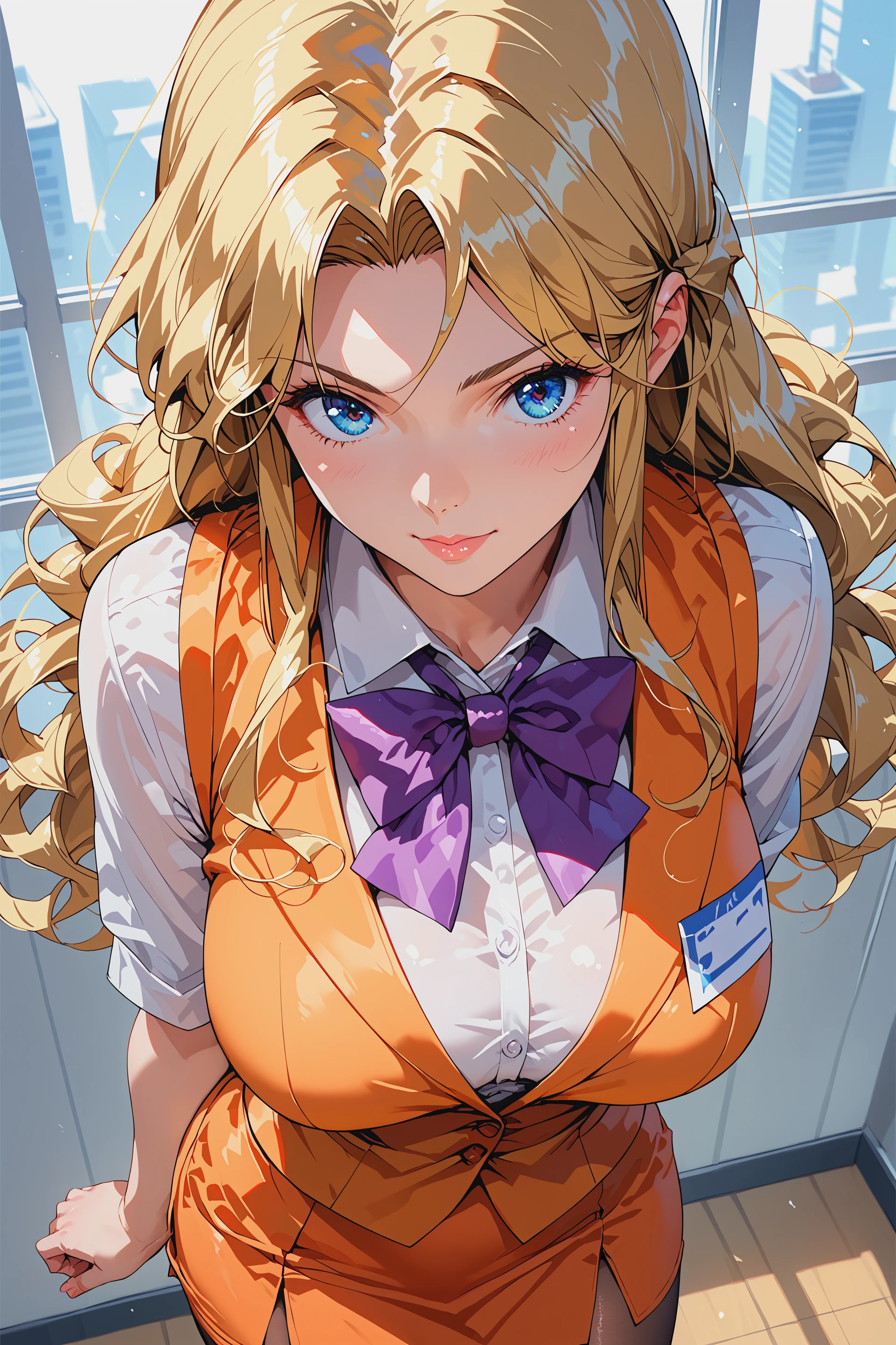 score_9, score_8_up,  score_7_up, score_ANIME,
1girl, solo, ceiiai alicenono, blonde hair, long hair,  blue eyes, large breasts, orange vest, orange skirt, pantyhose,  white shirt, purple bowtie, sidelocks, 
cowboy shot, from above, close up,
office,
<lora:alice01-e07:0.9>