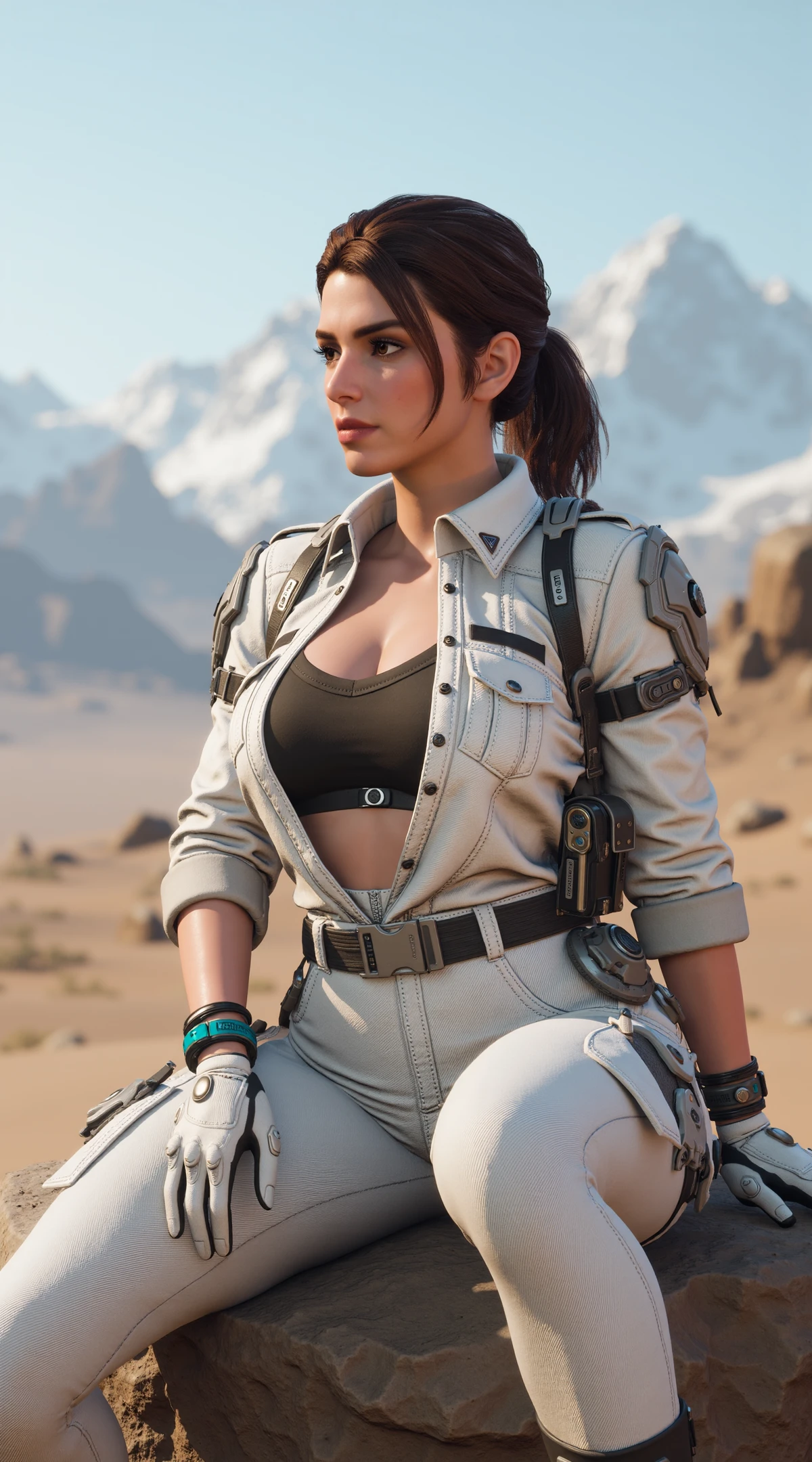 cinematic film still of TFD-Hailey-Default, a woman with brown hair tied back in a low ponytail. She is sitting on a rock in a deserted valley with snowy mountains in the distance. The sun is shining and the air is very hot. She is sweating. 
She is dressed in a form-fitting, white, high-tech military outfit with a futuristic tactical design. The suit has a buttoned-up jacket that slightly open to reveal a black sports bra underneath. The jacket features shoulder pads and multiple pockets. The suit is paired with matching white pants that have a slight sheen, indicating a synthetic material. The suit features a high-waisted design that accentuates her hips and thighs.
The character is accessorized with several gadgets and devices. On her left wrist, she has a blue and black wristband. Additionally, she has a utility belt with various tools and equipment attached to it. She has white gloves, adding to the high-tech theme. Her outfit includes black, lace-up ankle boots that reach mid-calf, adding to the militaristic aesthetic.
<lora:TFD-Hailey-Default:0.7>