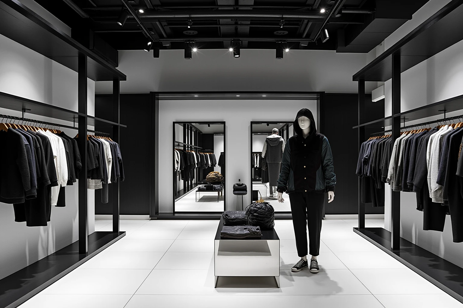 fashion cloths,A modern clothing store with modern elements, black and white theme, white tile floor, and lamps with cyberpunk elements