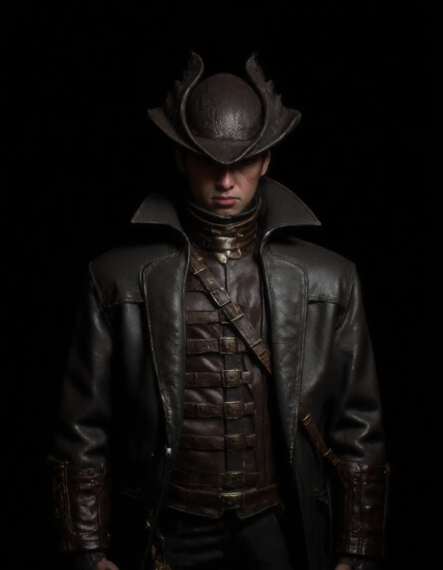 A lone Bloodborne Hunter standing in the shadows, clad in a dark, weathered leather coat with multiple belts and buckles strapped across the chest. His wide-brimmed hat is adorned with subtle, metallic accents, and his face is partially obscured by a dark cloth mask, with a single bloodied scar visible on his cheek. The Hunter's piercing eyes are locked forward with a determined, steely gaze, revealing the toll of countless battles. His gloved hand rests on the hilt of a weapon, barely visible under his coat, ready to strike at a moment's notice. The lighting is dramatic, highlighting the intricate textures of his armor and the cold metallic shine of his gear against the pitch-black background. The atmosphere is tense and foreboding, capturing the essence of gothic horror and the relentless pursuit of the Hunter.
<lora:f1_char_hunter_v2:1> <lora:MGWR_Cine:1>