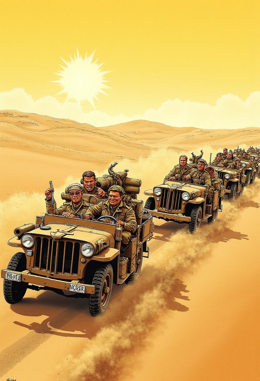 In a comic book style, picture a convoy of Long Range Desert Group soldiers' vehicles kicking up plumes of sand as they race across the vast, barren desert. The jeeps and trucks are loaded with gear, each vehicle crewed by determined soldiers in rugged, sun-beaten uniforms, their eyes shielded by goggles. The desert sun burns overhead, casting long shadows across the sand dunes. Their faces are drawn in sharp lines, showing their unyielding resolve as they push deeper into enemy territory.