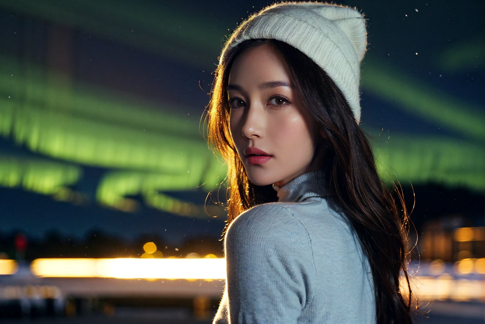 1girl,solo,long hair,brown hair,brown eyes,nose,parted lips,turtleneck sweater,beanie,outdoors,snow,star \(sky\),aurora,blurry,looking at viewer,((realistic)),cowboy shot,Highly detailed,(ultra-detailed),(best quality,masterpiece:1.5),<lora:Maggie Q:0.6>,<lora:细节调整2.0:0>,