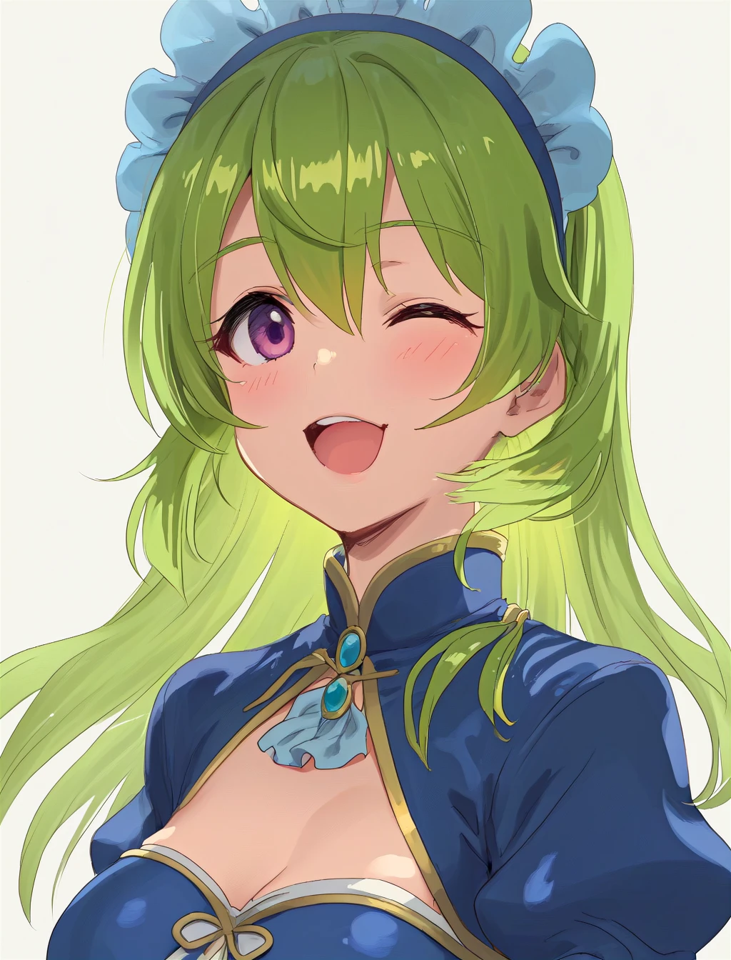,Baby Face, cute, evildoer, ((Anime Girls)), Green Skin、Light blue hair、、Short limbs、Big Head、Flat chest、Very detailed, ((masterpiece, Highest quality;1.3)) , An innocent smile、laughing、whole body